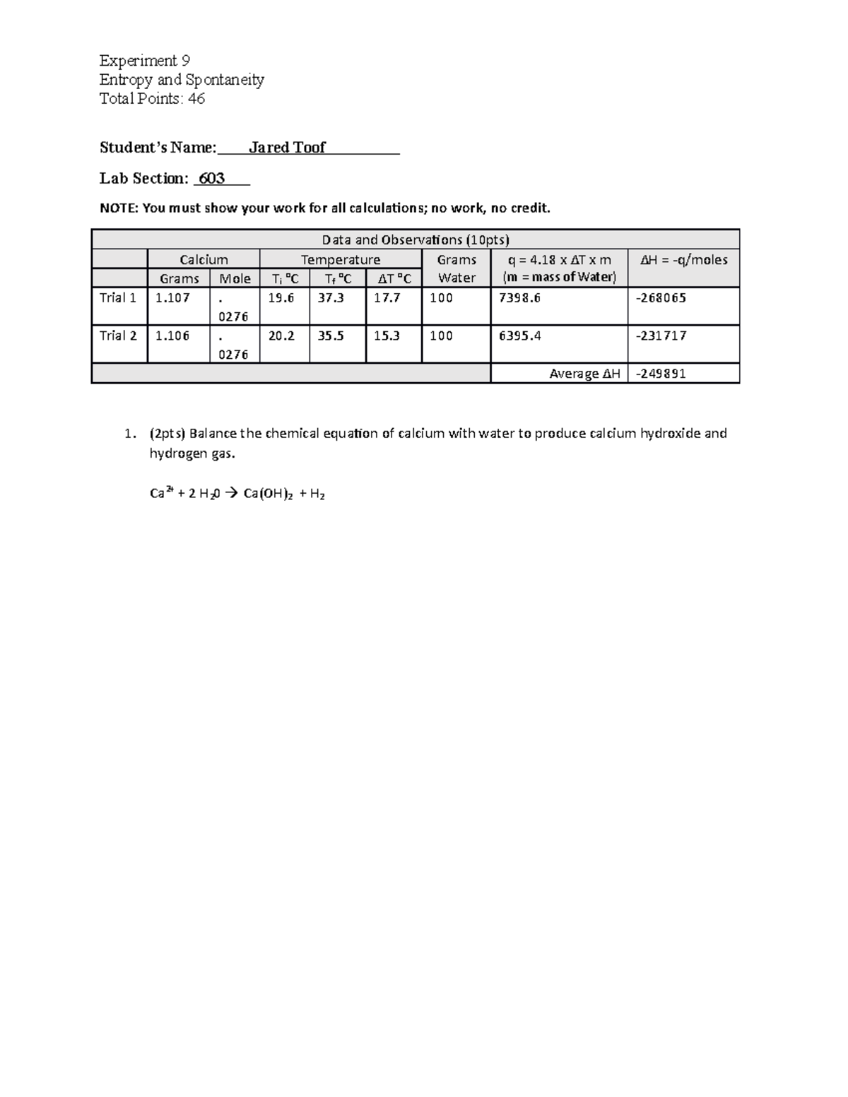 Chem L Experiment Entropy And Spontaneity Entropy And