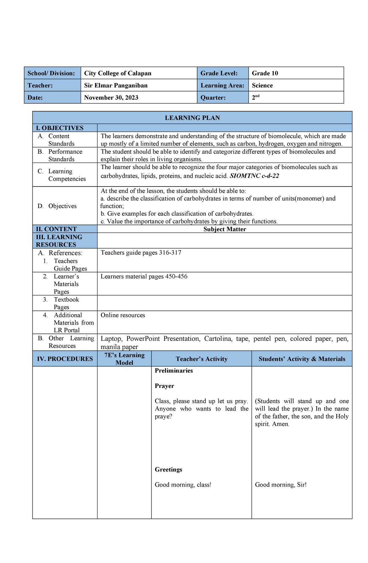 Lesson-PLAN- Biomolecules - School/ Division: City College of Calapan ...