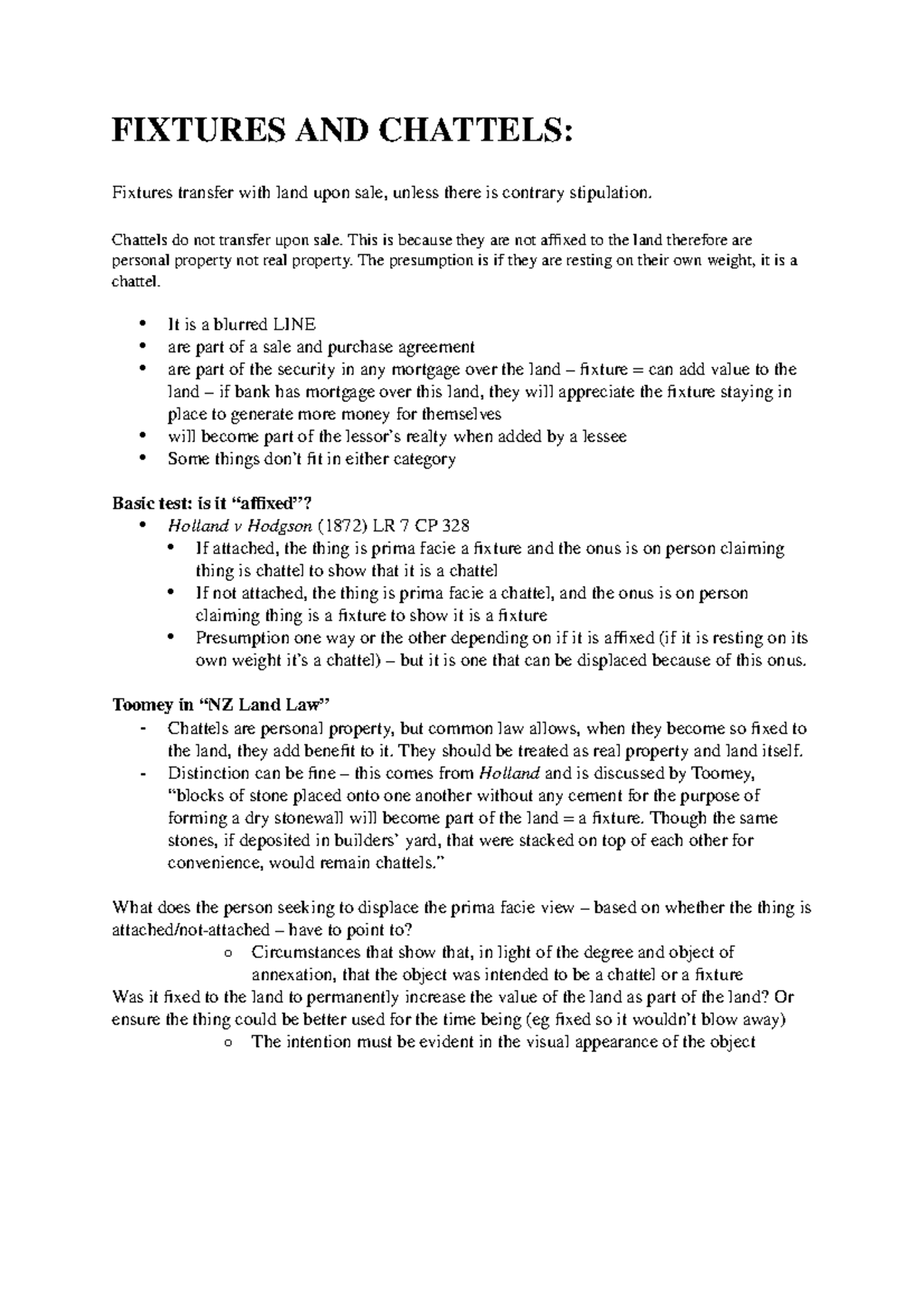 Fixtures AND Chattels analysis / cheat sheet Property Law Victoria