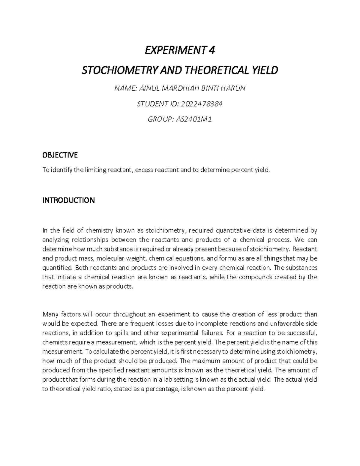 experiment 4 stoichiometry and theoretical yield