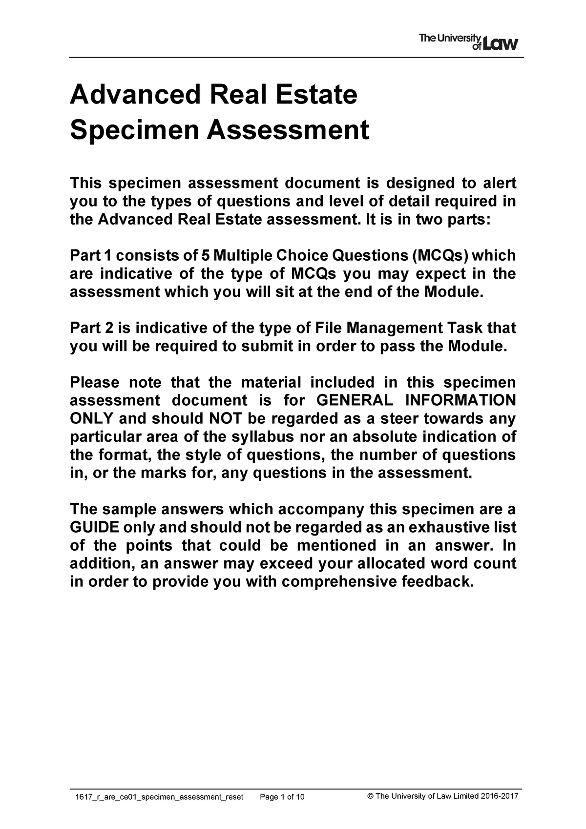 1617 R Are Ce01 Specimen Assessment Reset Advance Real Estate Law Studocu