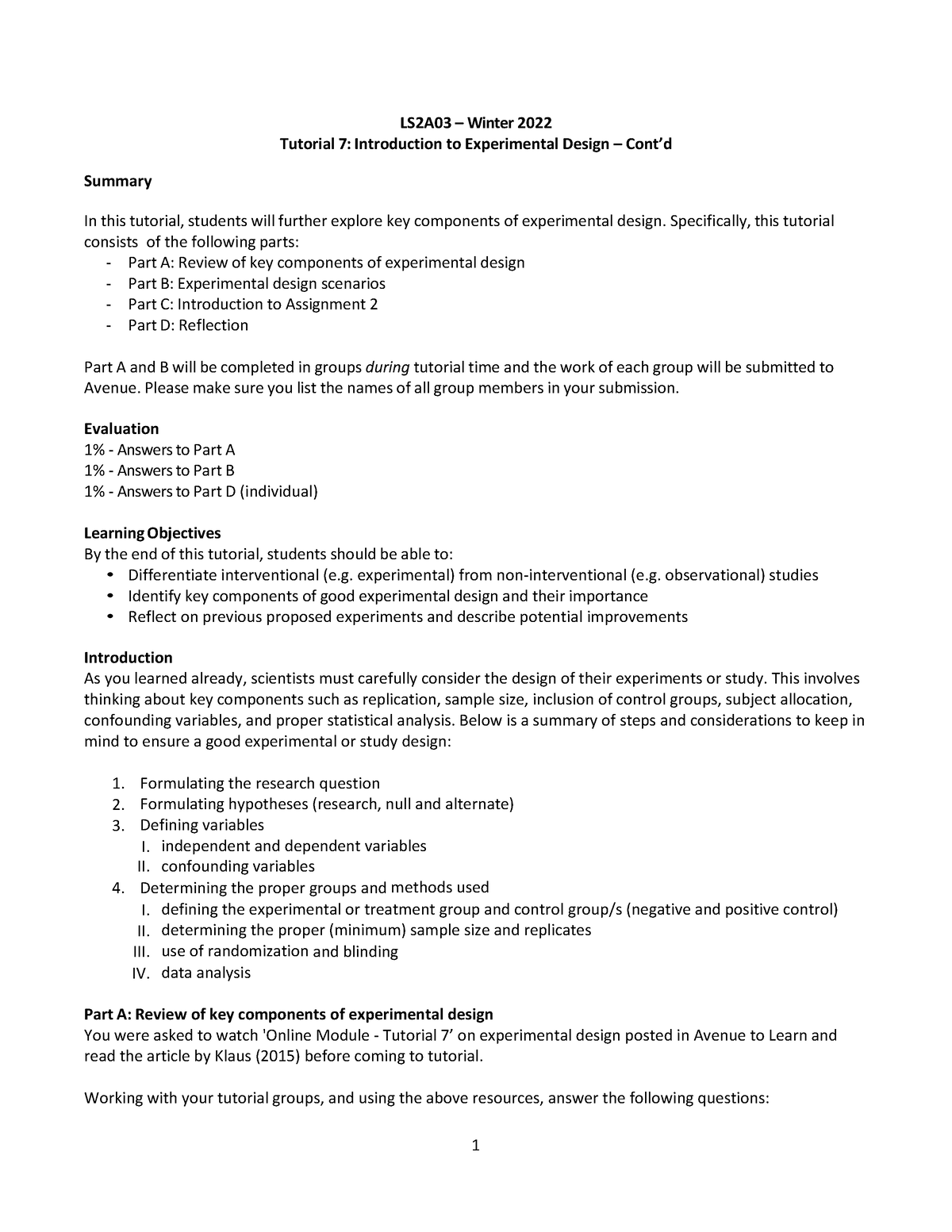 LS2A03 W2022 Tutorial 7 Exp Design II student - Life Sci 2A03 - McMaster -  Studocu