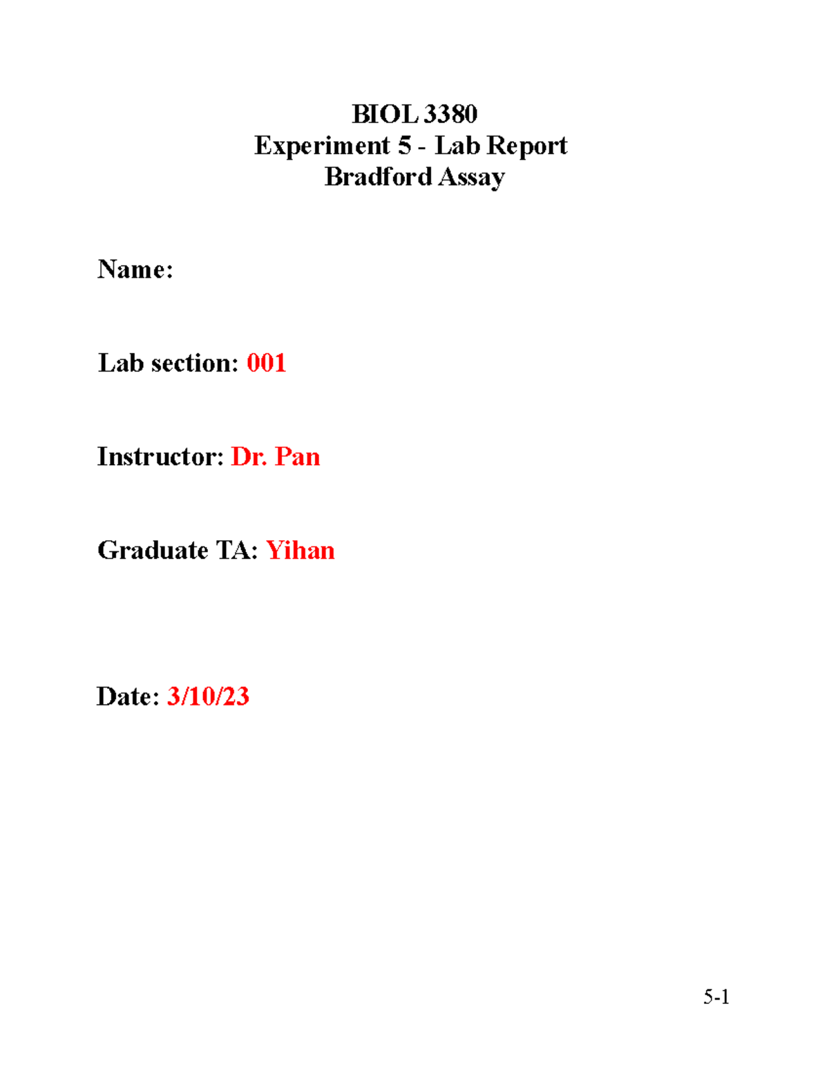 Exp 5 Lab Report questions S23 BIOL 3380 Experiment 5 Lab Report