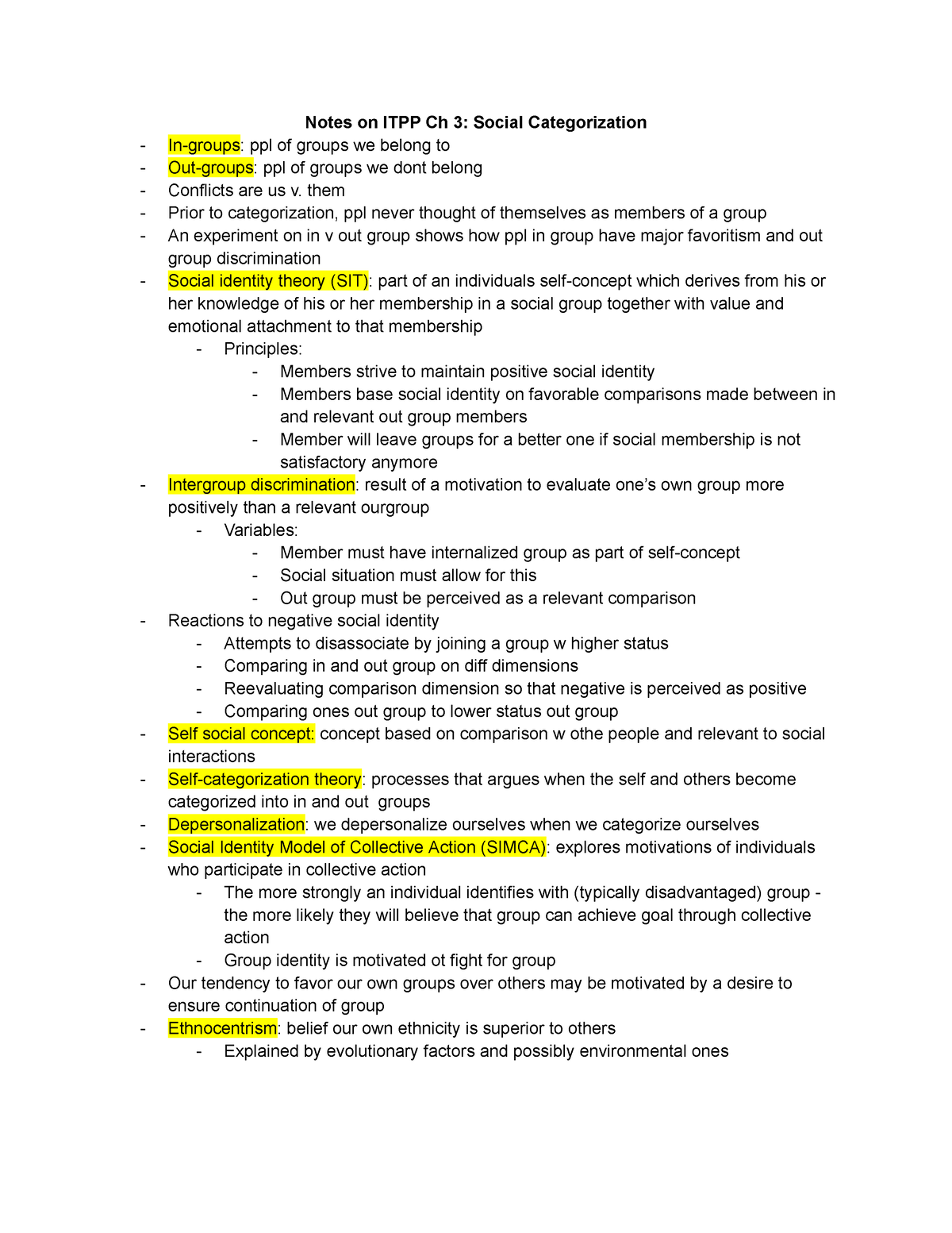 Notes On ITPP Ch 3 Social Categorization - Notes On ITPP Ch 3: Social ...