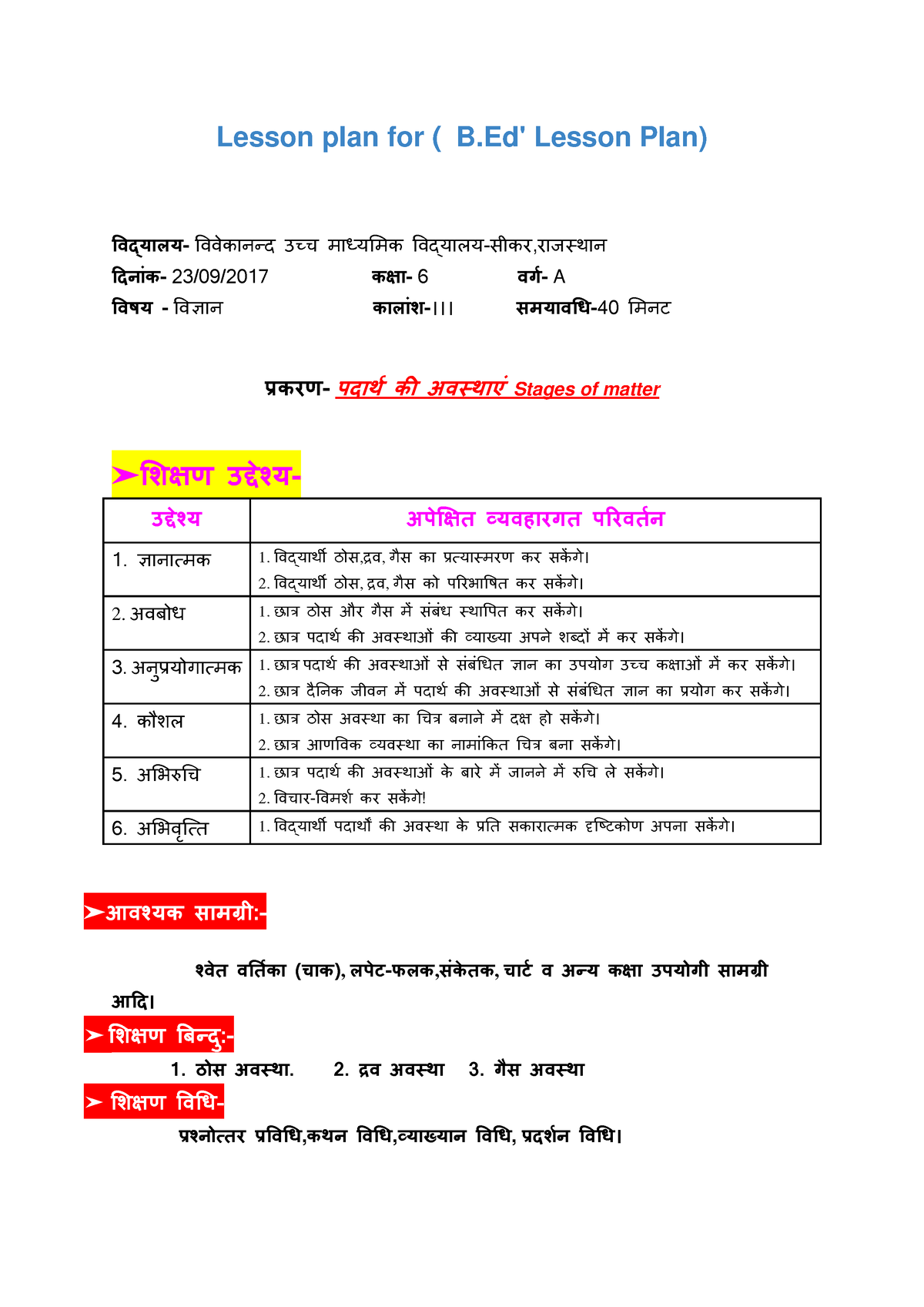 पदार्थ की अवस्थाएं Stages Of Matter - Lesson Plan For ( B' Lesson Plan ...