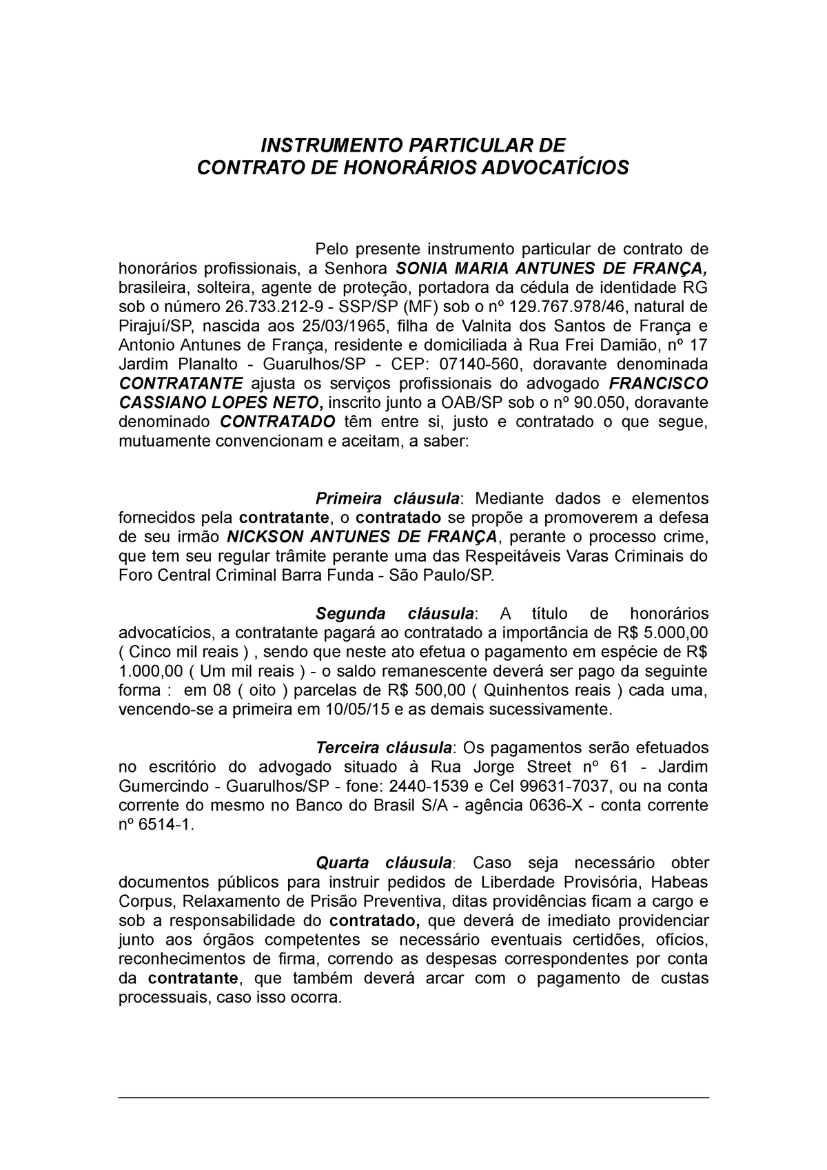 Contrato De Honorários Criminal Instrumento Particular De Contrato De HonorÁrios 2020