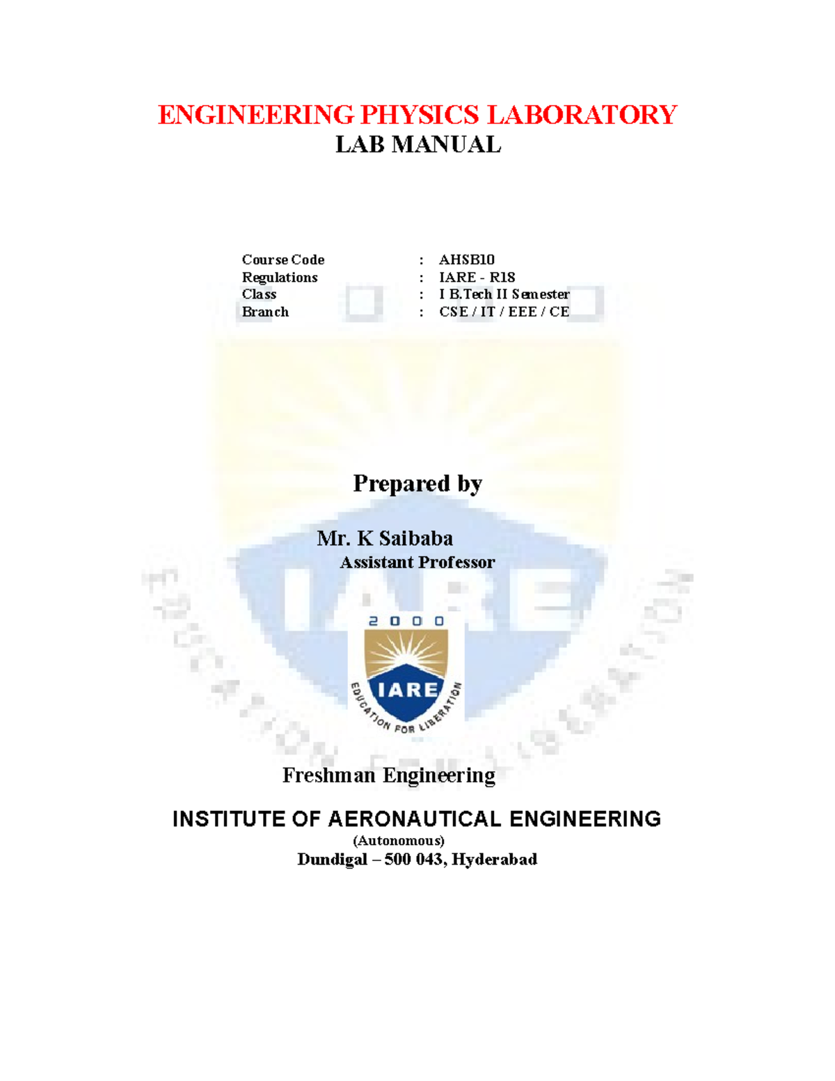 CSE Engineering Physics Laboratory LAB Manual ENGINEERING PHYSICS