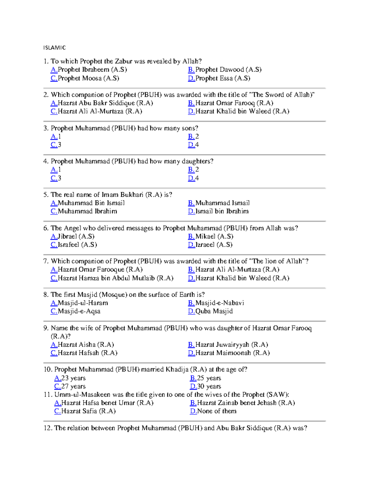 Islamic - notes - ISLAMIC To which Prophet the Zabur was revealed by ...