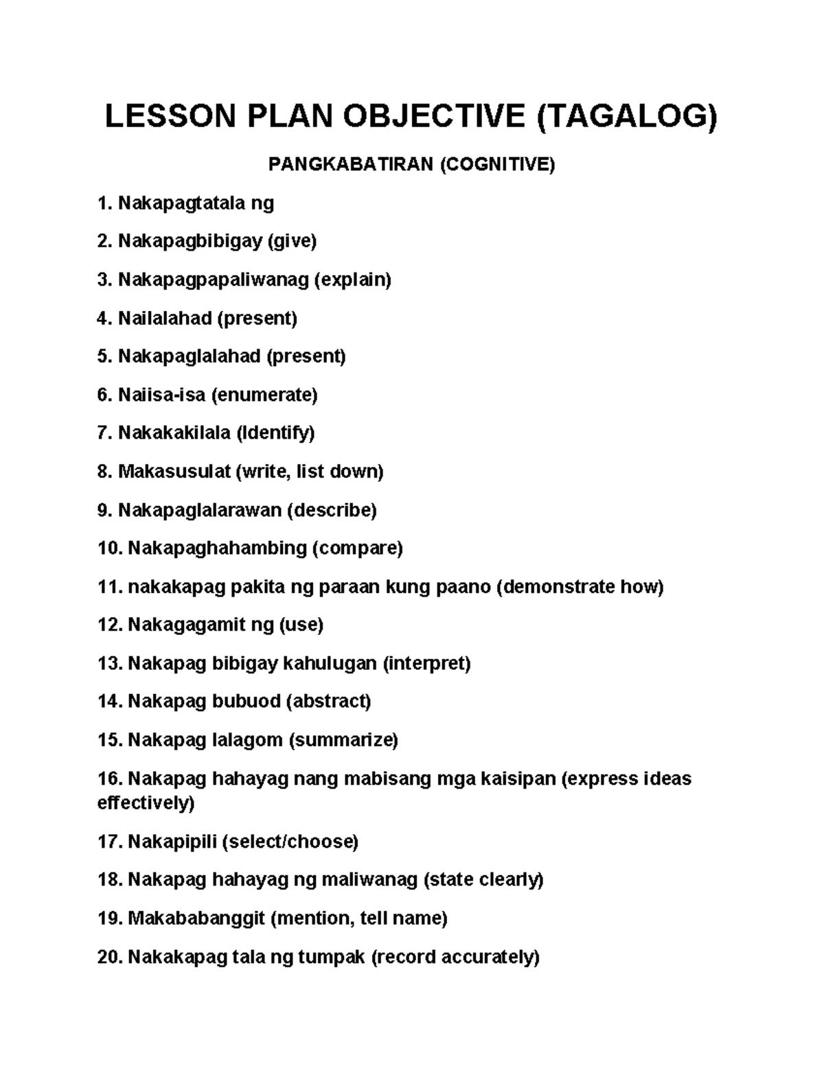 LessonPLAN Objective LESSON PLAN OBJECTIVE (TAGALOG) PANGKABATIRAN