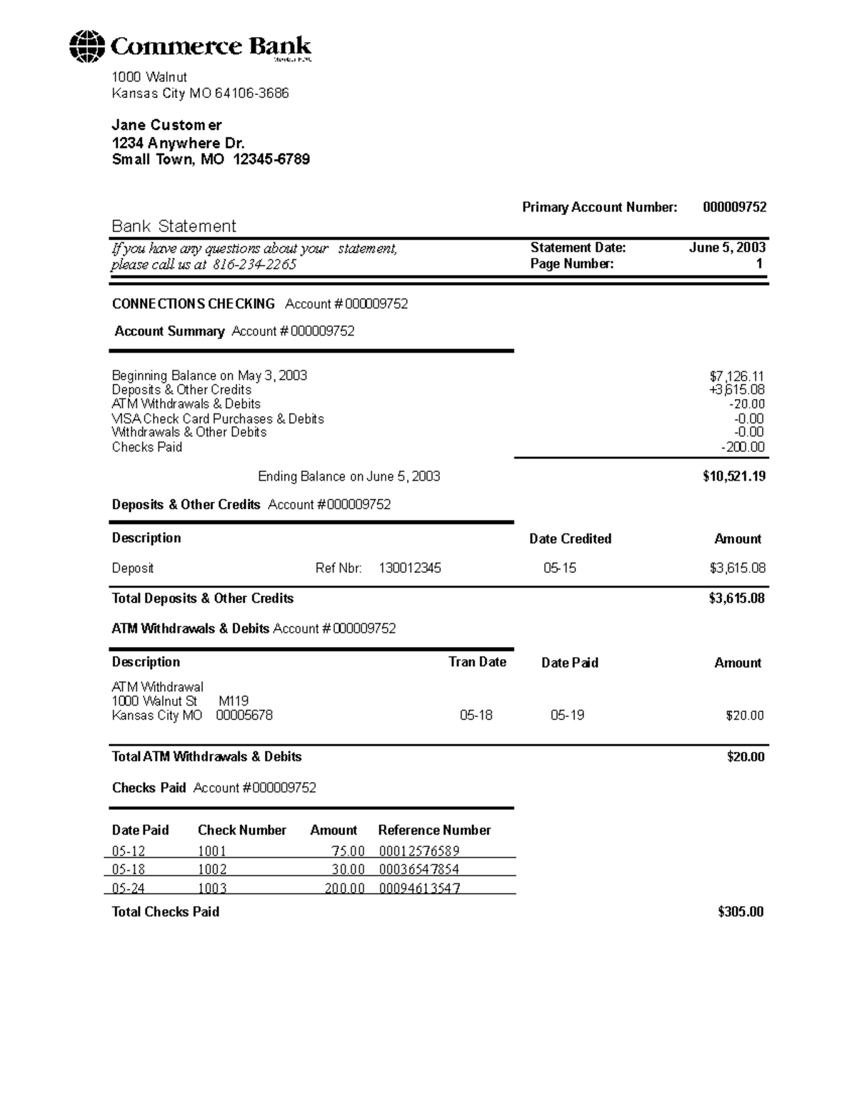 Bank statement template 17 - 1000 Walnut Jane Customer ATM Withdrawals ...