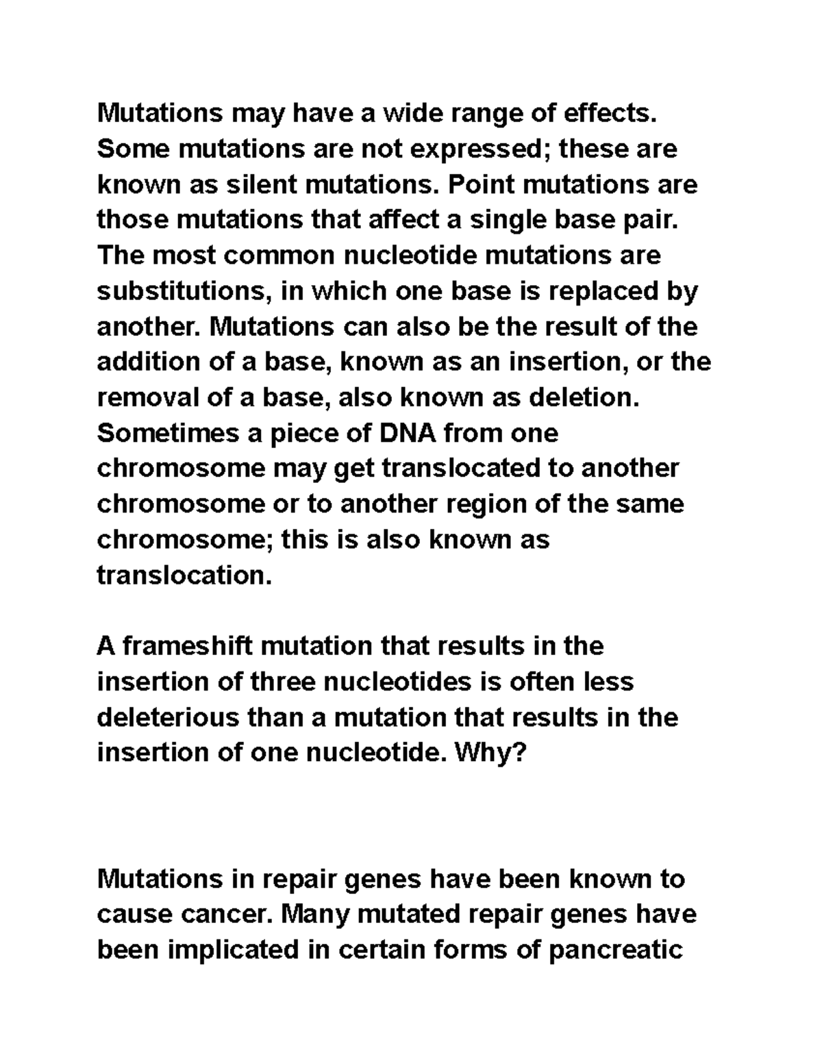 BIOL 1345 Module 12 DNA Repair - Mutations may have a wide range of ...