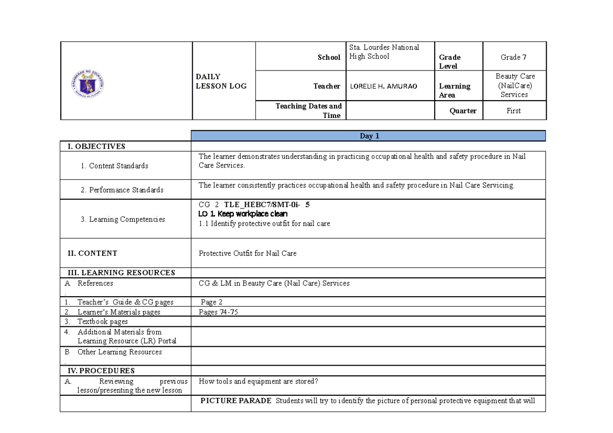 DLL- Beauty-CARE - PPS - DLL - Beauty Care - DAILY LESSON LOG School ...