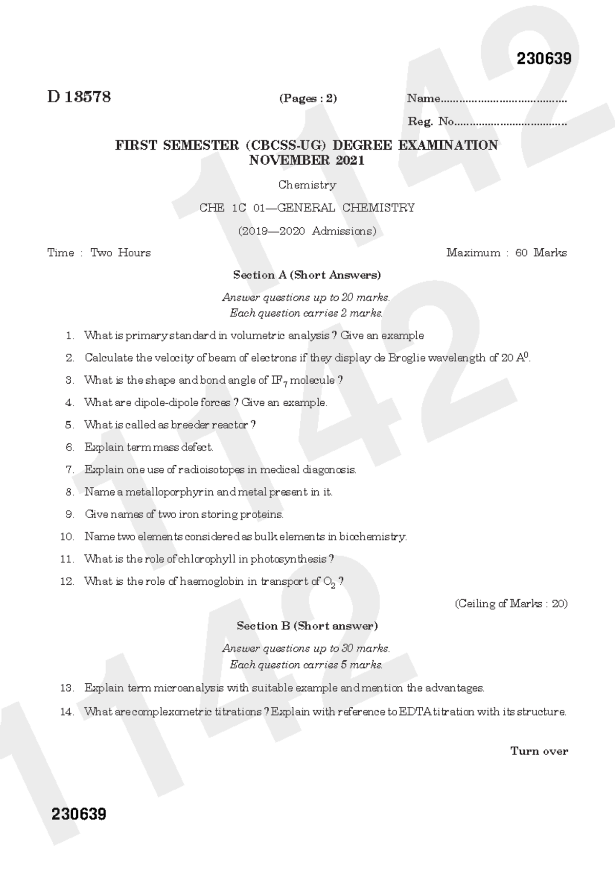 Genral chemistry 19-20 - Turn over D 13578 (Pages : 2) Name