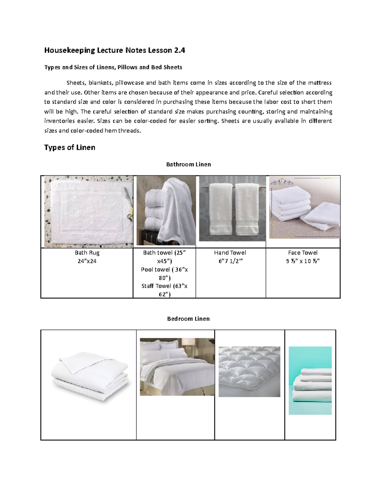 Housekeeping Lecture Notes Lesson 2 Types and Sizes of Linens