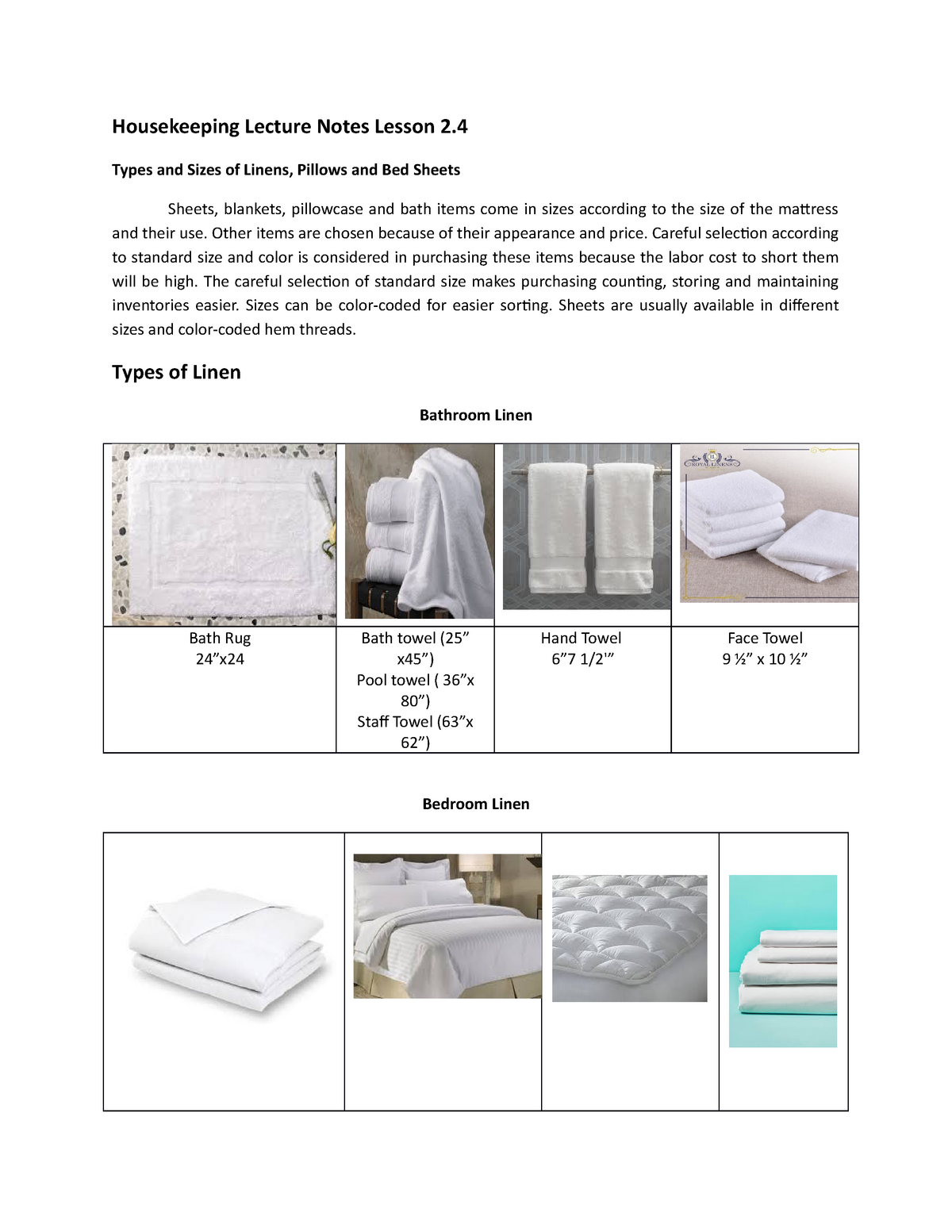 Housekeeping Lecture Notes Lesson 2 Types And Sizes Of Linens 