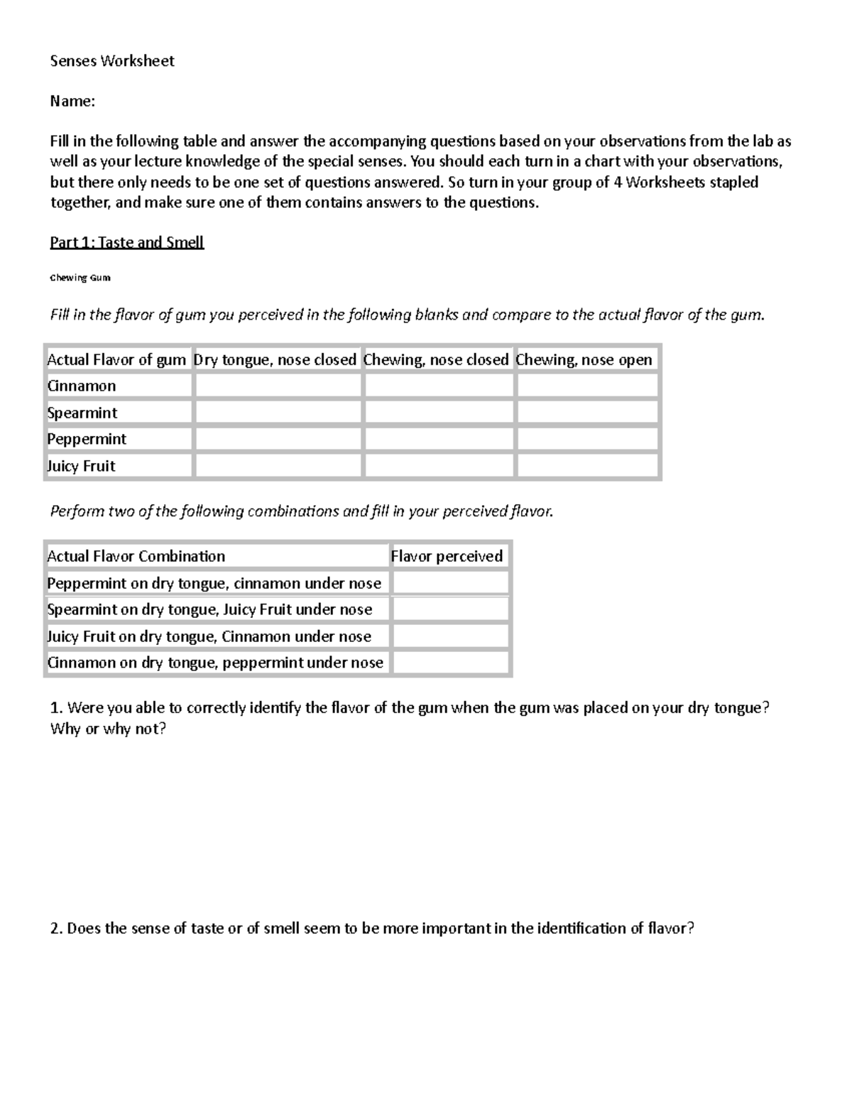 Senses Worksheet - practice - Senses Worksheet Name: Fill in the ...