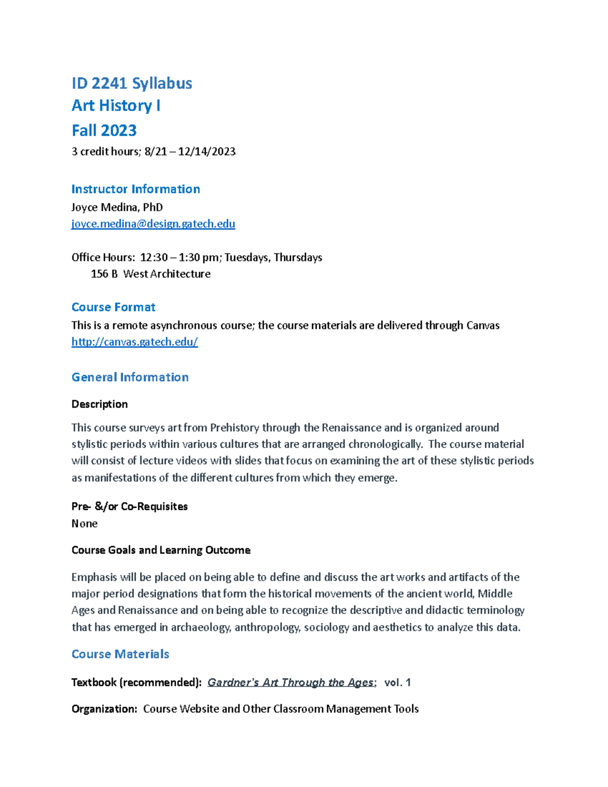 ID 2241 QUP Fall 2023 Art History 1 Medina syllabus1 ID 2241 Syllabus Art History I