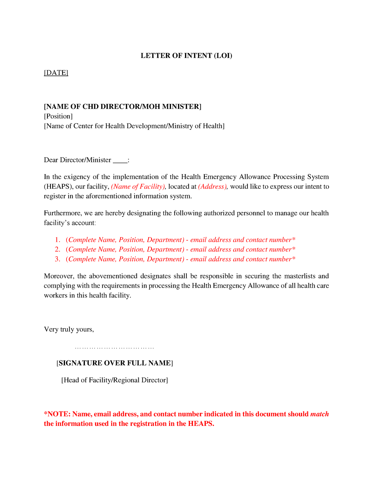 Letter Of Intent Format Heaps Letter Of Intent Loi Date Name Of Chd Directormoh 