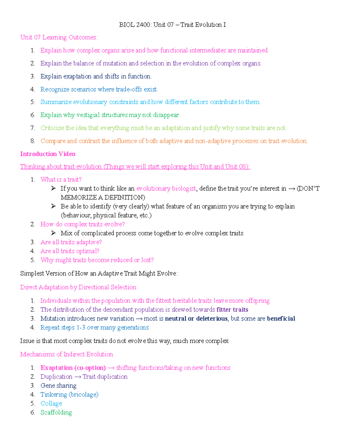 BIOL 2400 Unit 07 Notes - BIOL 2400: Unit 07 – Trait Evolution I Unit ...