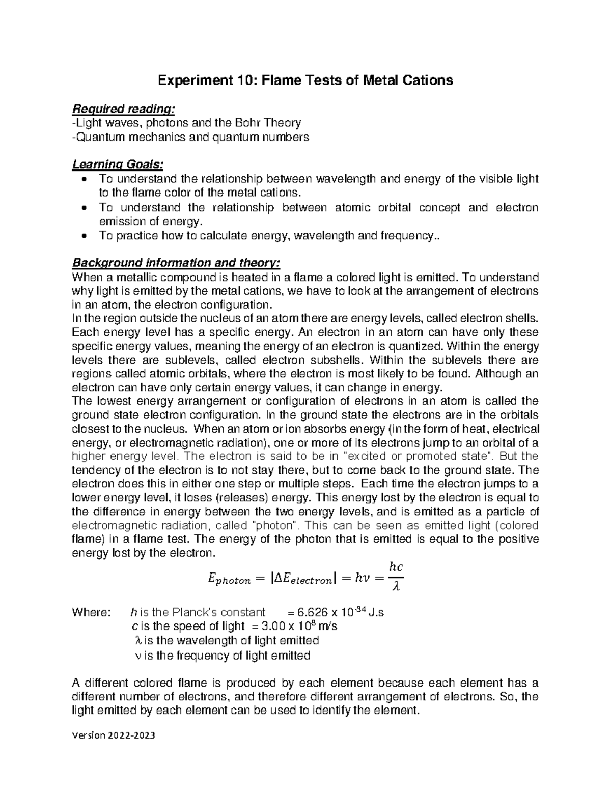Experiment 10 Flame Tests 20222023 Experiment 10 Flame Tests of