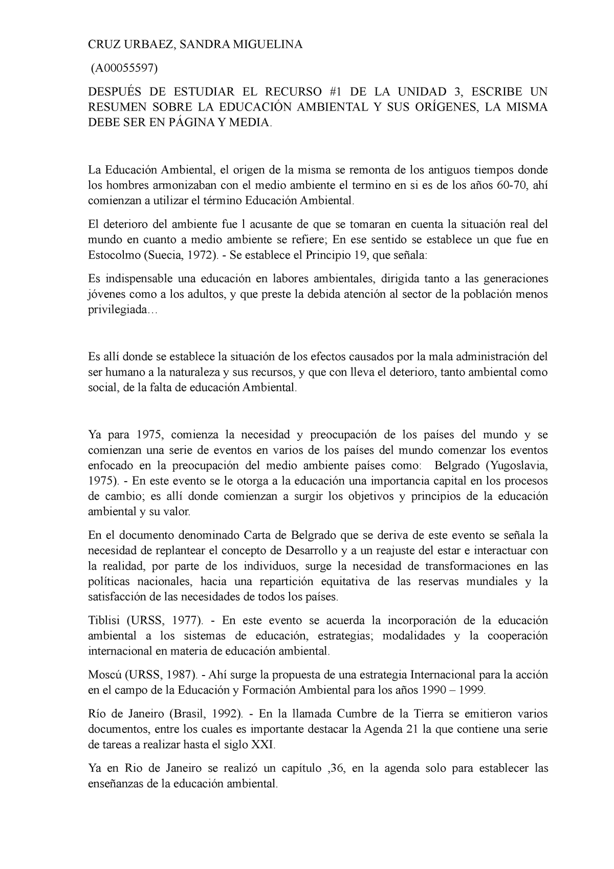 CRUZ Urbaez.docx Resumen Sobre LA Educación Ambiental - HISTORIA DEL ...