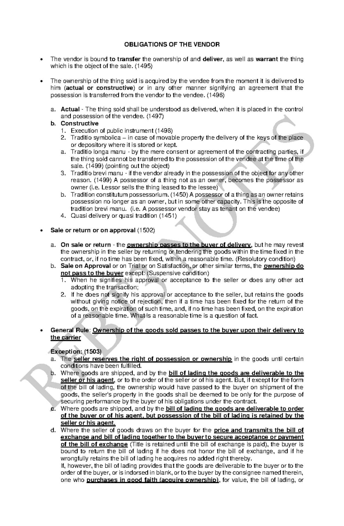 Notes 3 Law on Sales, Agency OBLIGATIONS OF THE VENDOR The vendor
