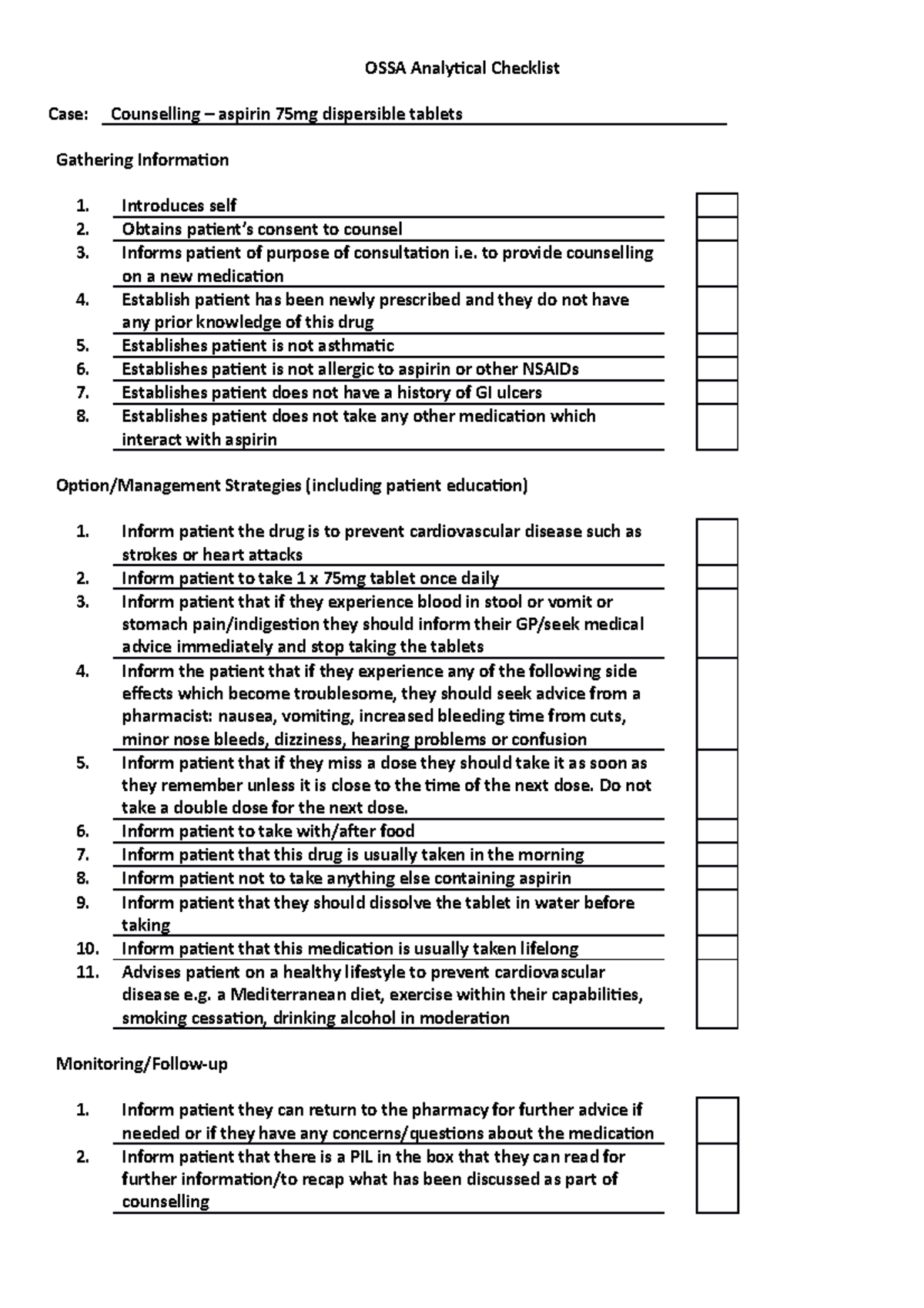 1 Aspirin counselling analytical checklist - OSSA Analytical Checklist ...