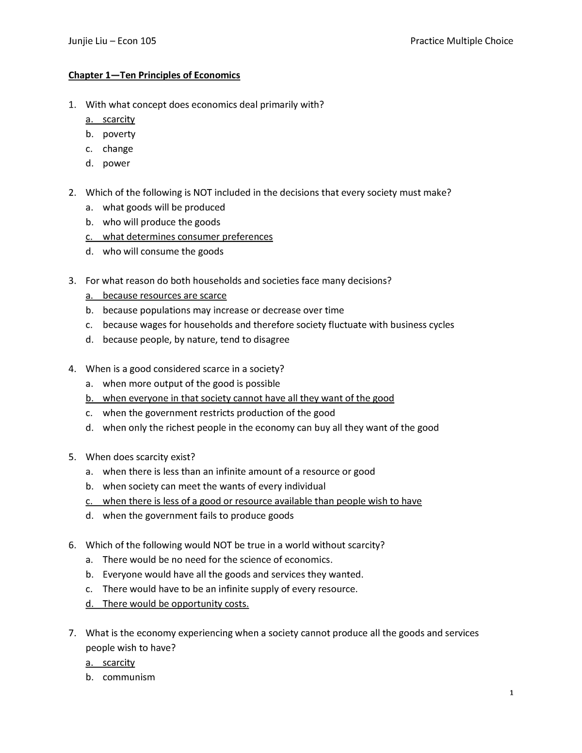 Practice Multiple Choice Chapter 1 Ten P - Micro Economics - Studocu