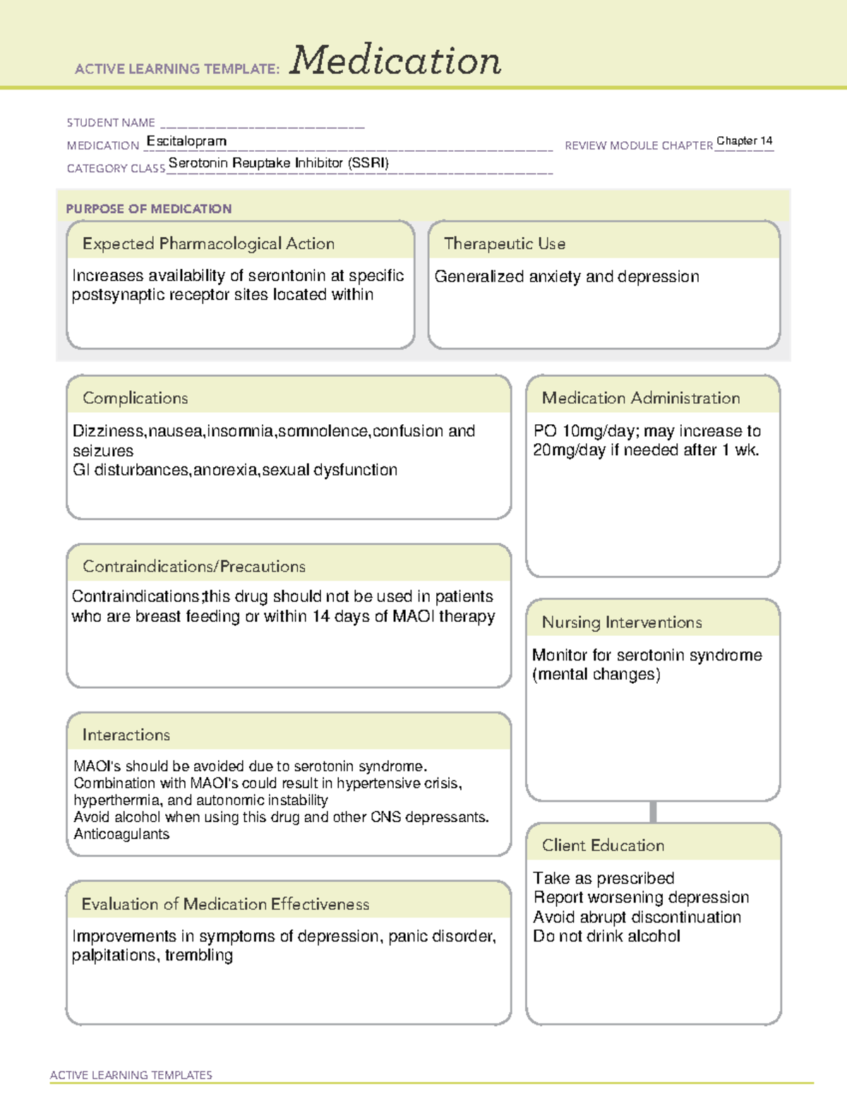 Medication restricted -Escitalopram Ch 14 - ACTIVE LEARNING TEMPLATES ...