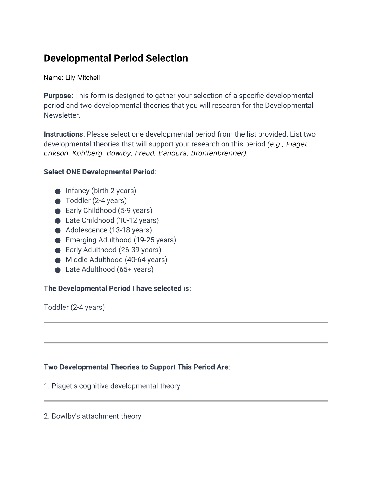 Developmental Period Selection Form Developmental Period