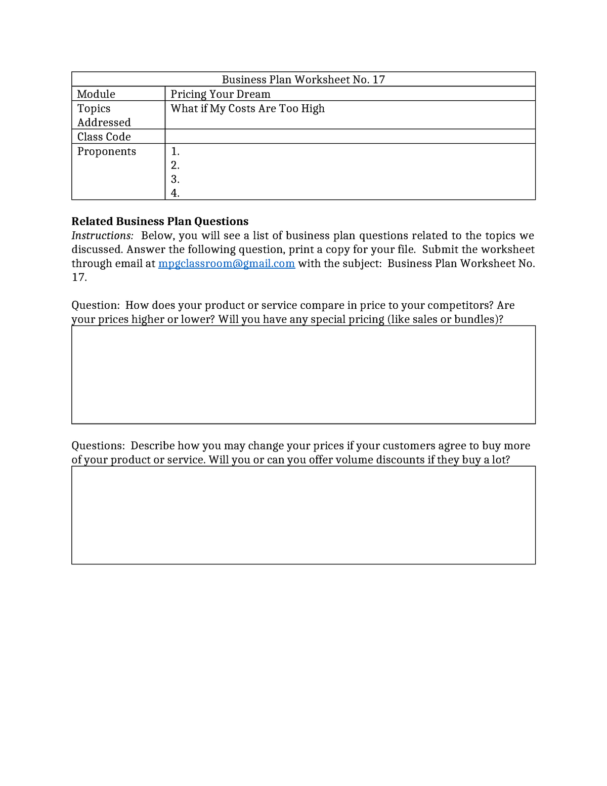 Business Plan Worksheet No 17 - 17 Module Pricing Your Dream Topics ...