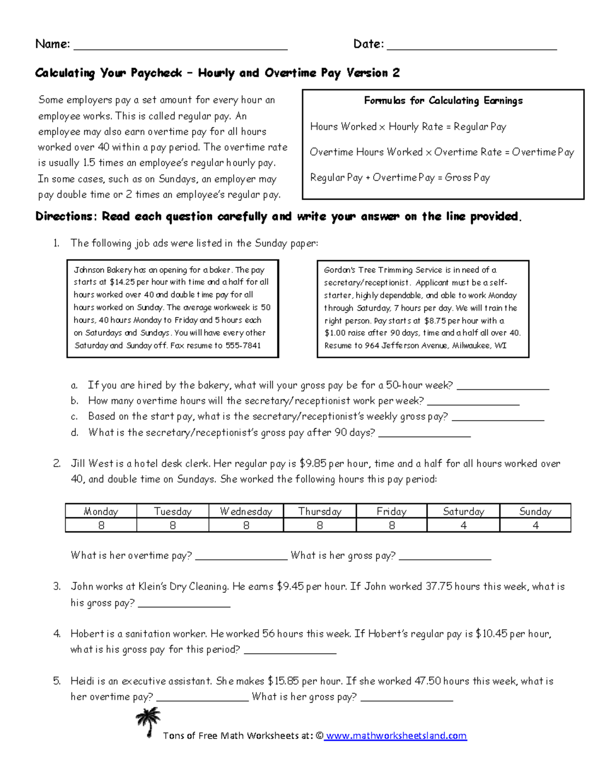 Straight time and overtime exercises - Tons of Free Math Worksheets at ...