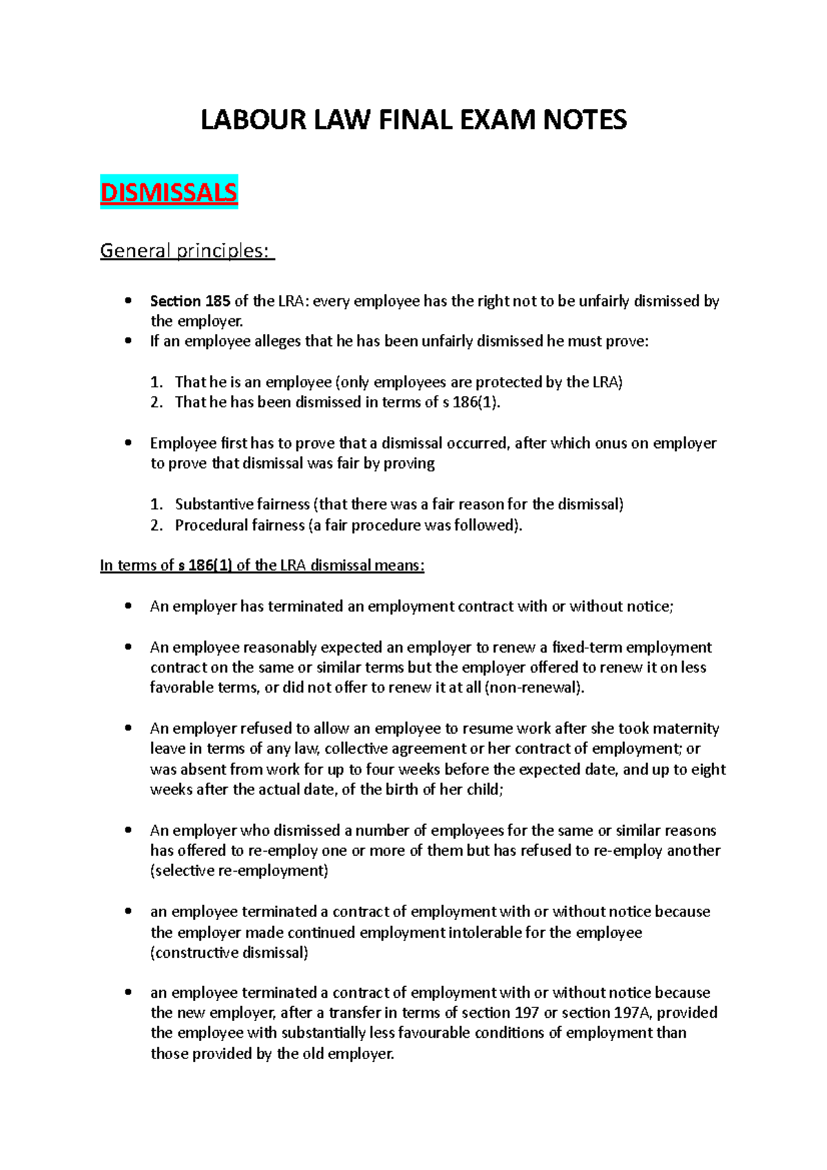 3 types of fair dismissals - LABOUR LAW FINAL EXAM NOTES DISMISSALS ...