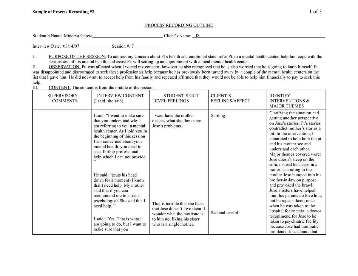 59445466 Process Recording Example - Sample of Process Recording #2 1 ...