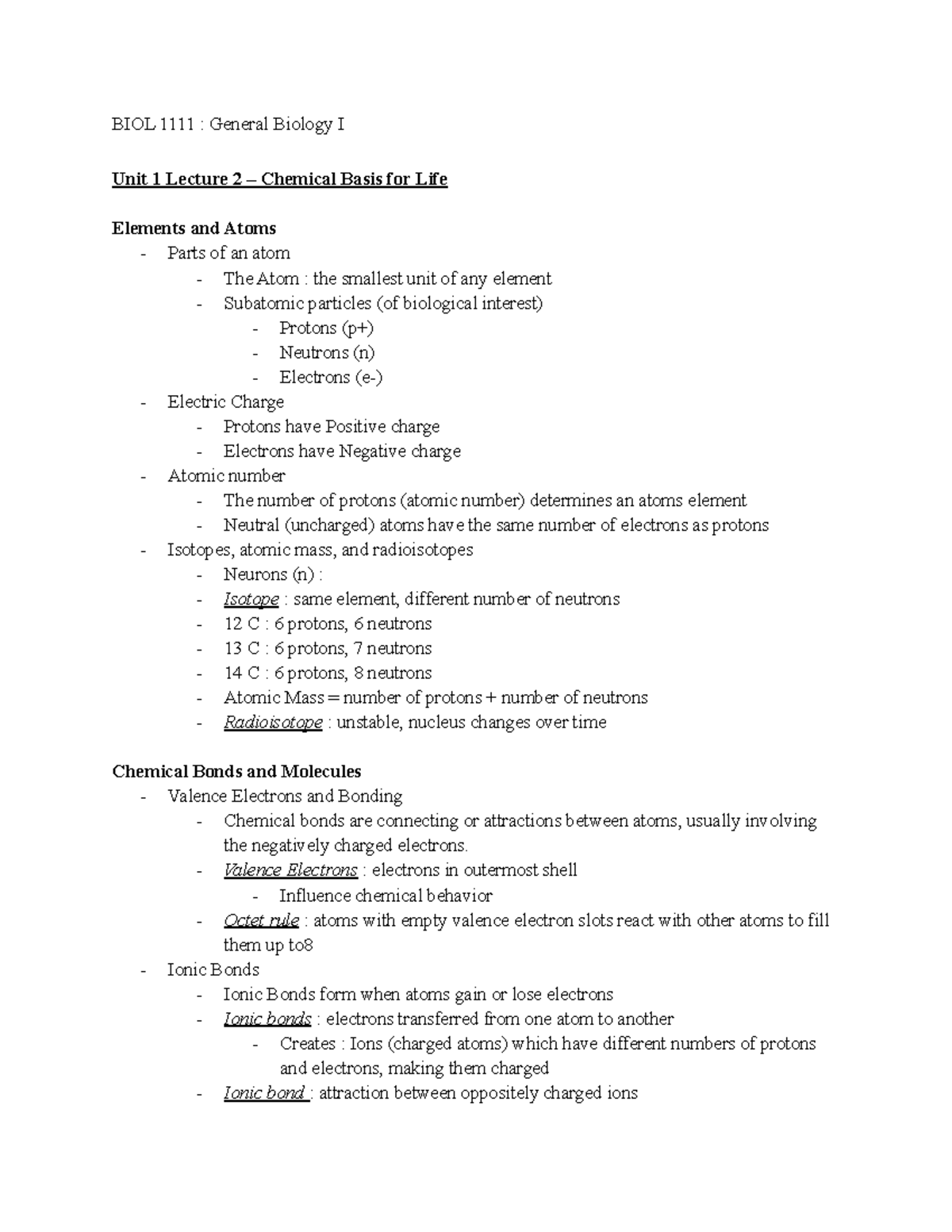 Unit 1 Lecture 2 – Chemical Basis For Life - BIOL 1111 : General ...