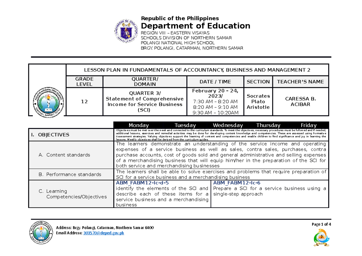 WEEK 2 FEB 20-24 2023 - lesson plan week 2 - Page 1 of 4 Republic of ...