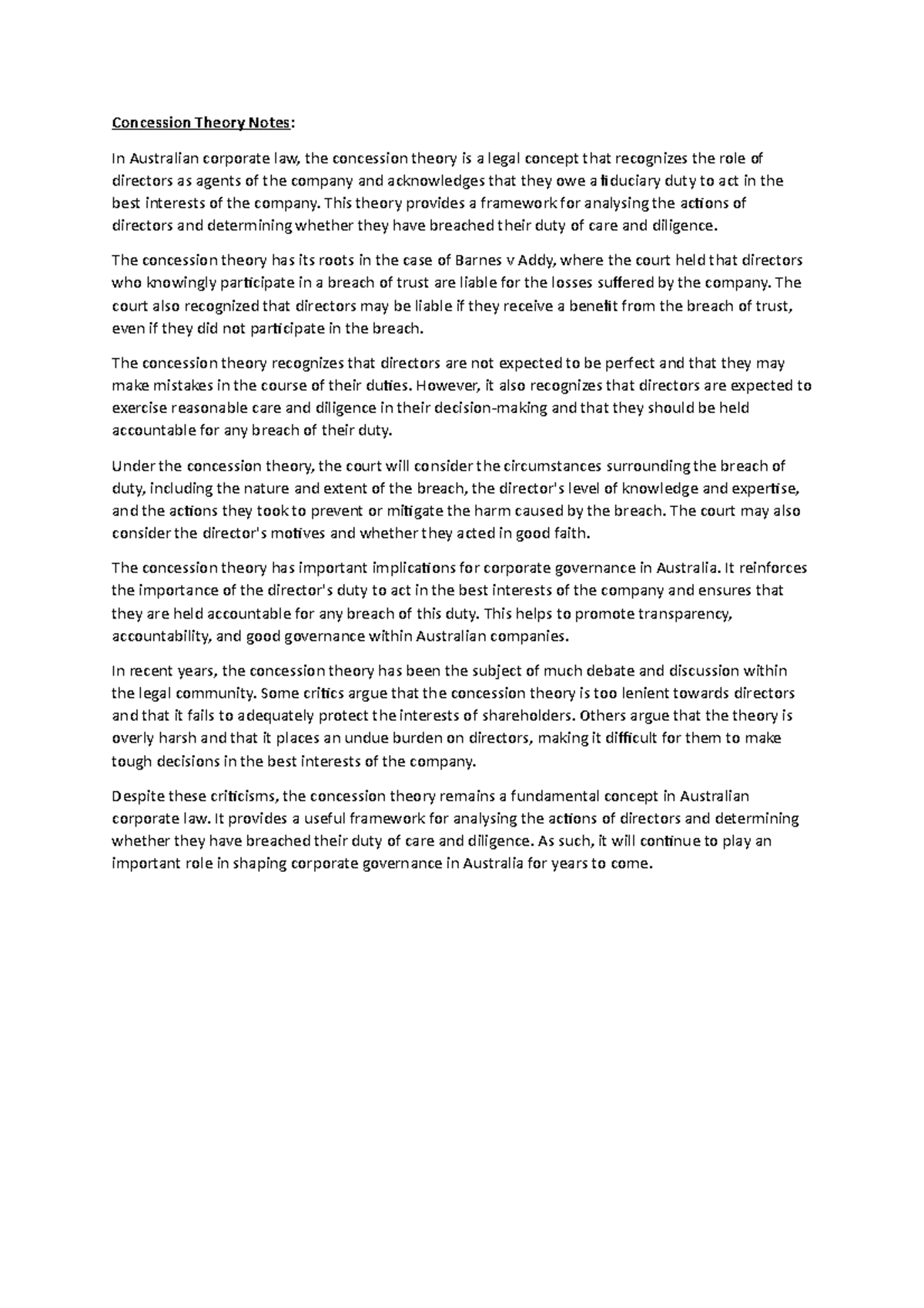 Concession Theory Notes This theory provides a framework for