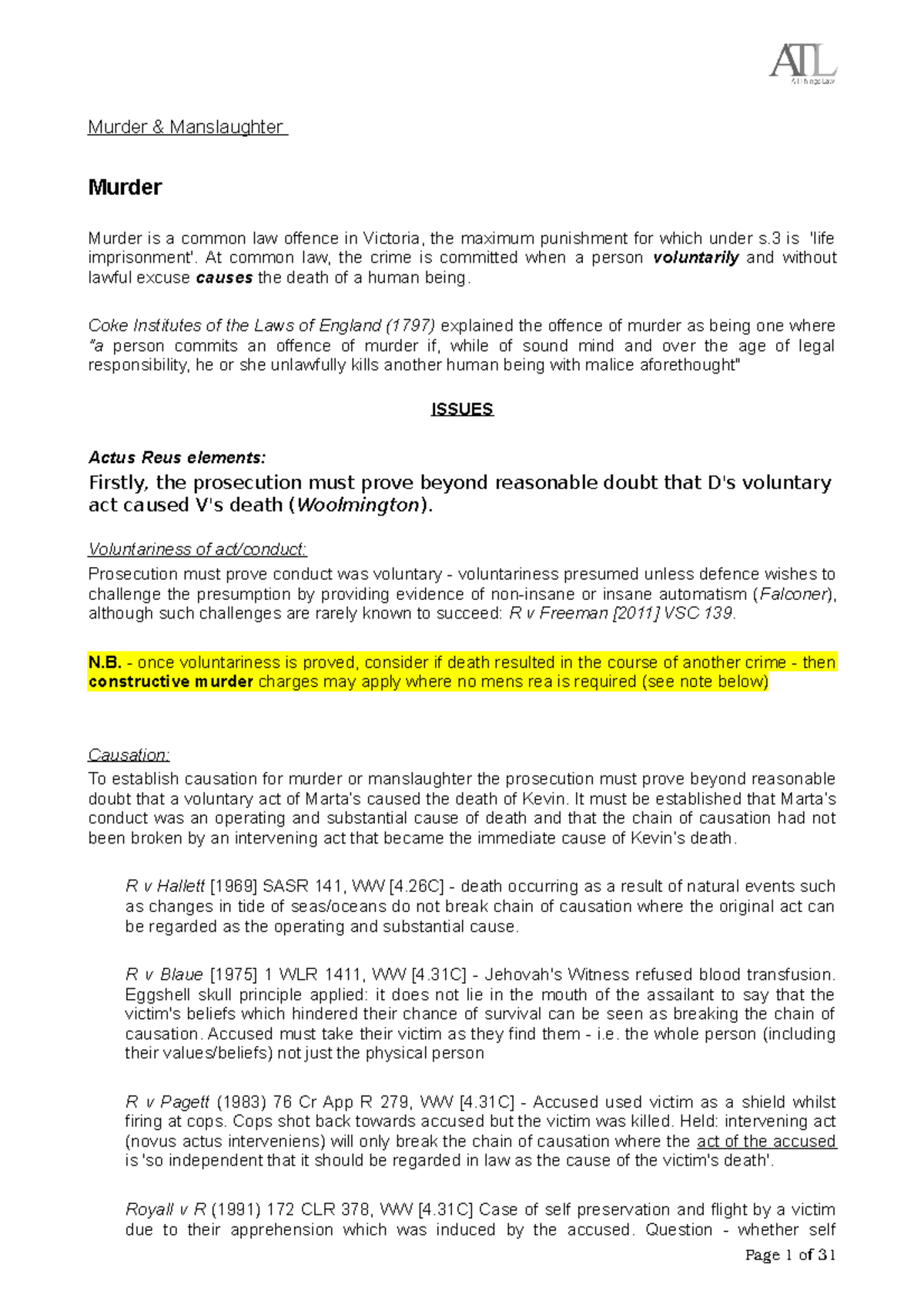 Criminal-Summary notes - Murder & Manslaughter Murder Murder is a ...