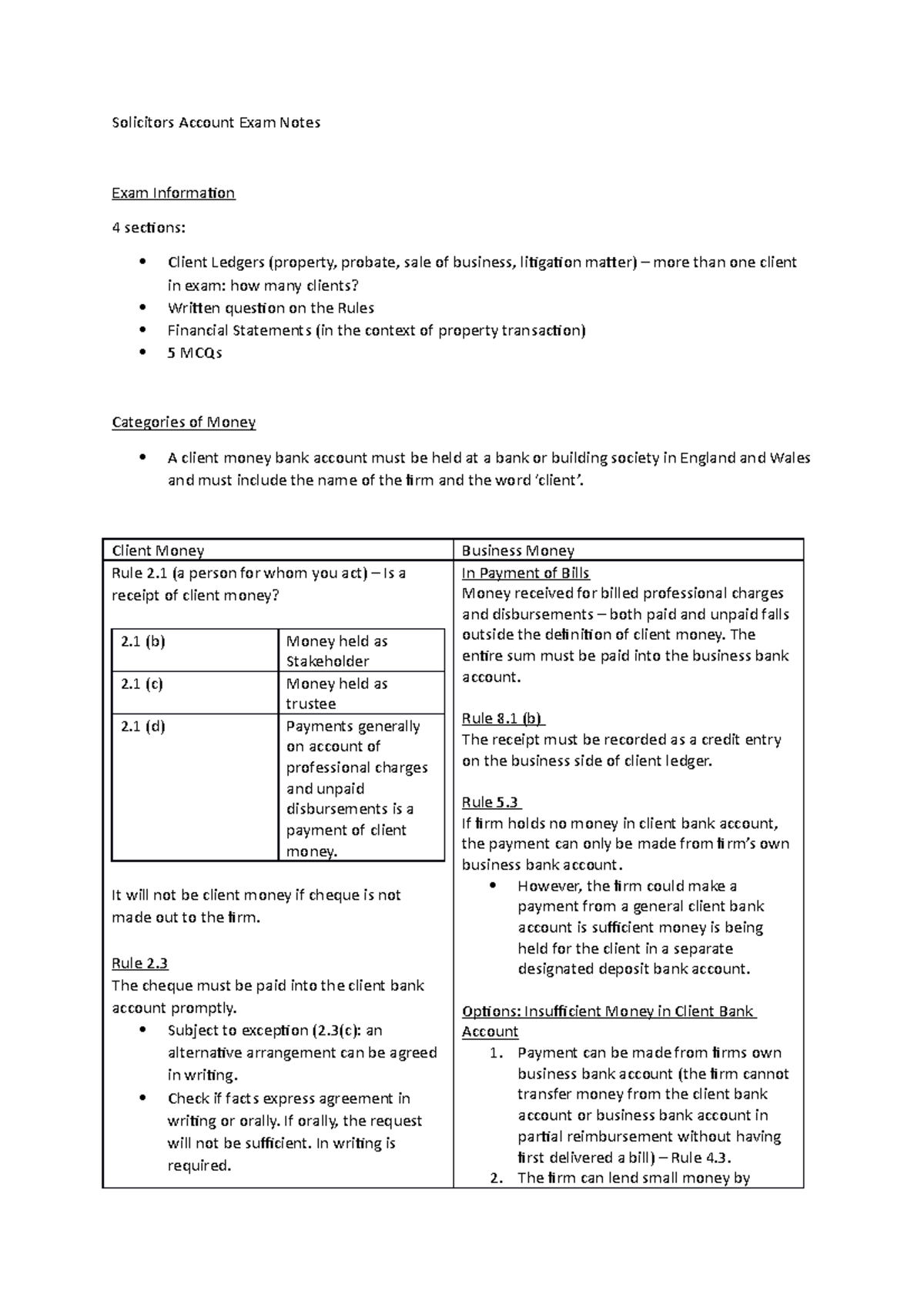 Solicitors Account Exam Notes Client Money Business Money Rule 2 (a