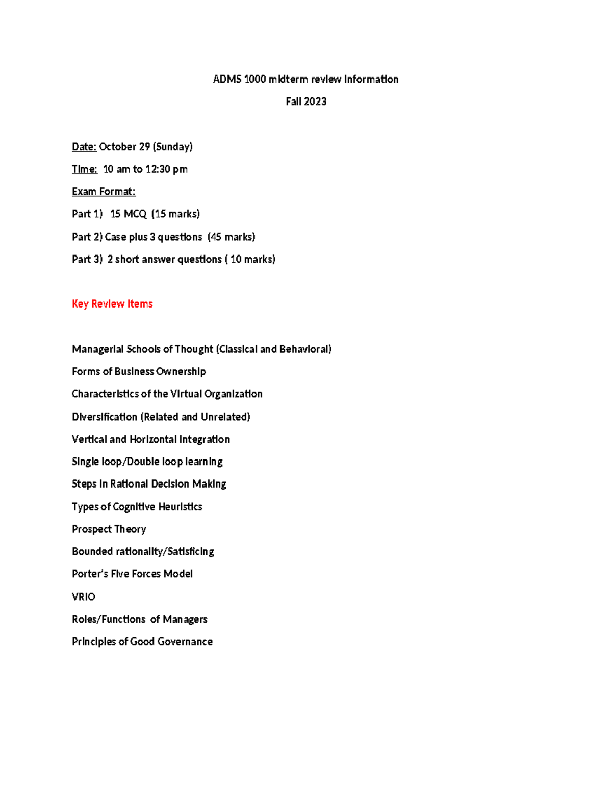 ADMS 1000 midterm review information fall 2023 - ADMS 1000 midterm ...