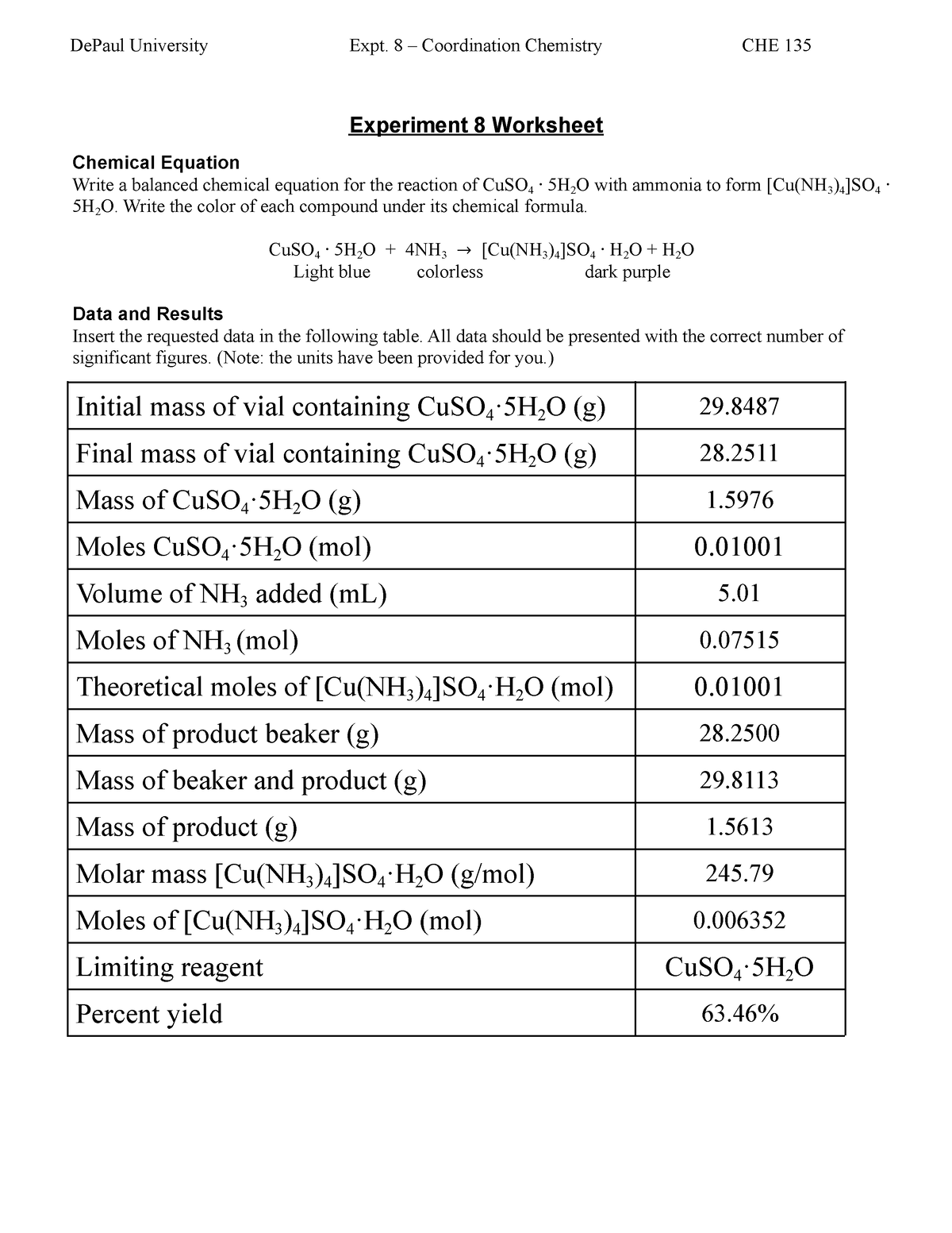 Chem135 Experiment 8 DePaul University Expt 8 Coordination Chemistry CHE 135 Experiment 8