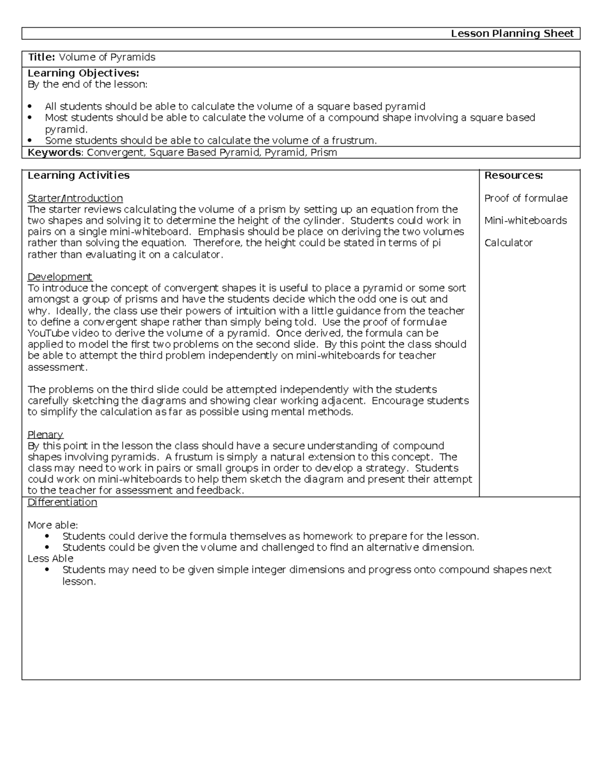 136488492 Pyramids Lesson Plan - Lesson Planning Sheet Title: Volume of ...