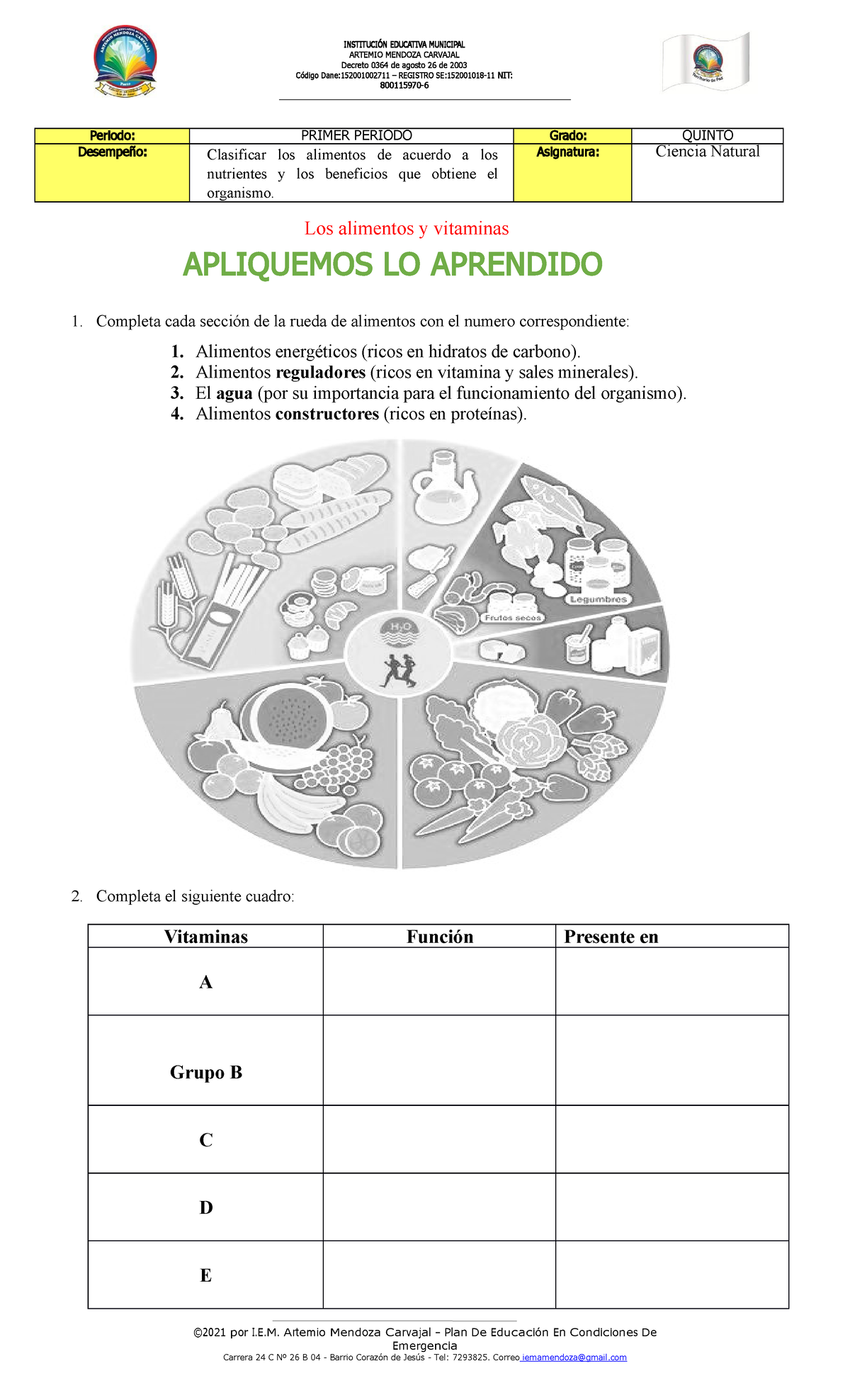 Vitaminas Y Alimentos Taller Periodo Primer Periodo Grado Quinto Desempeño Clasificar Los 4964