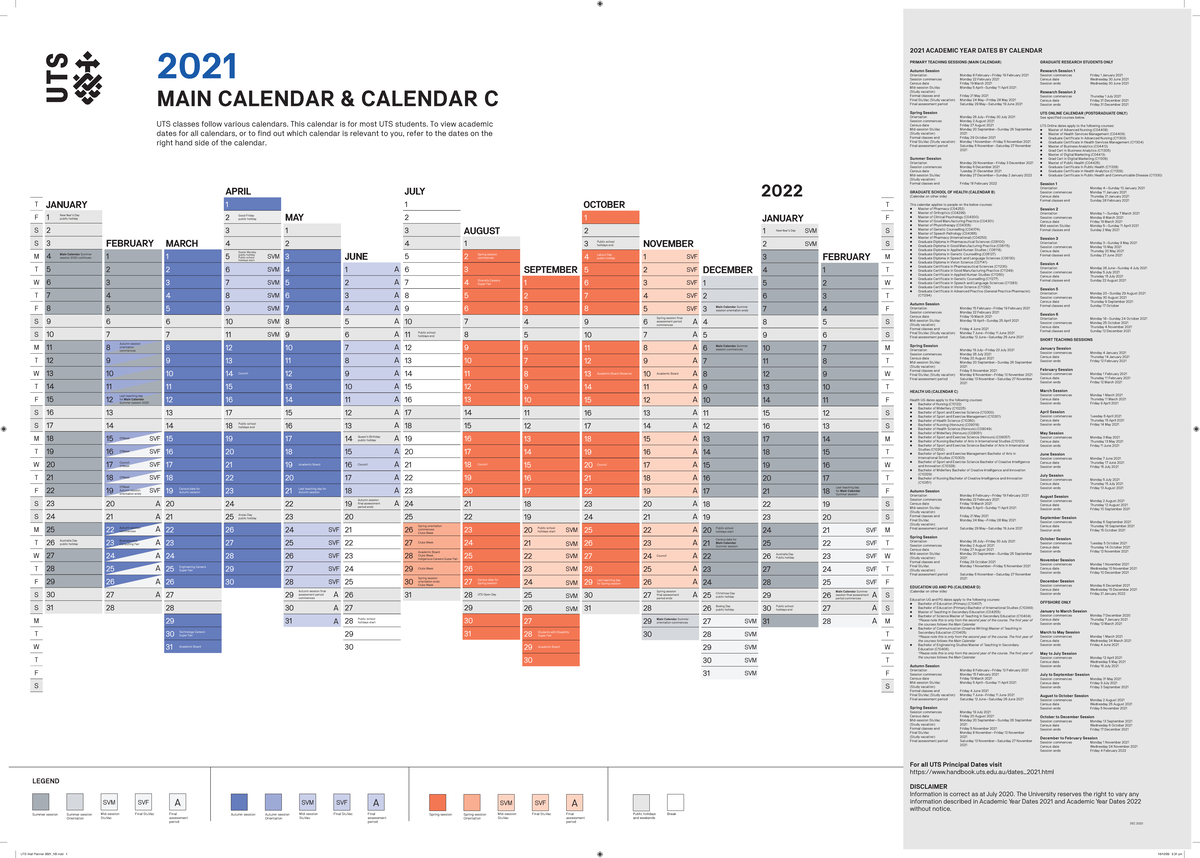 UTS Wall Planner 2021 F21 2021 UTS classes follow various calendars