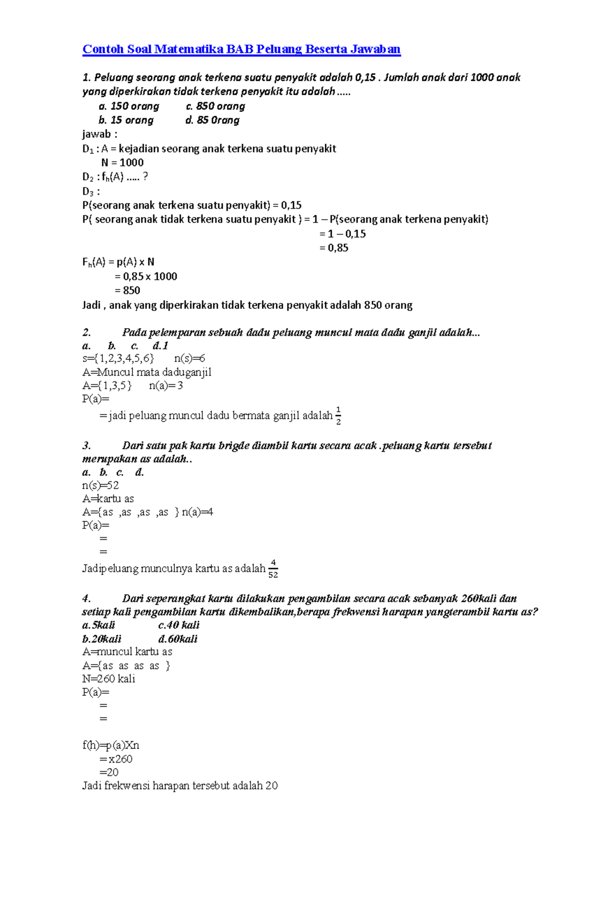 Kumpulan Contoh Soal Probabilitas - Contoh Soal Matematika BAB Peluang
