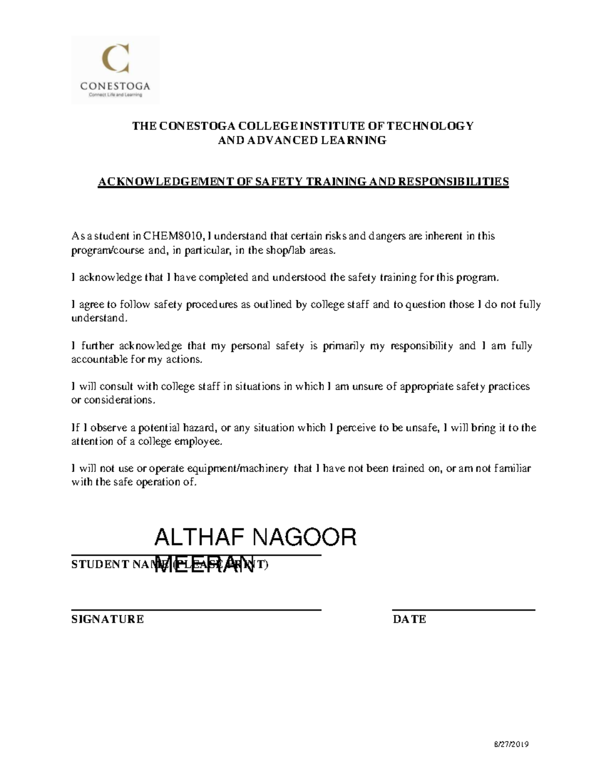Lab Safety Acknowledgement edited - THE CONESTOGA COLLEGE INSTITUTE OF ...