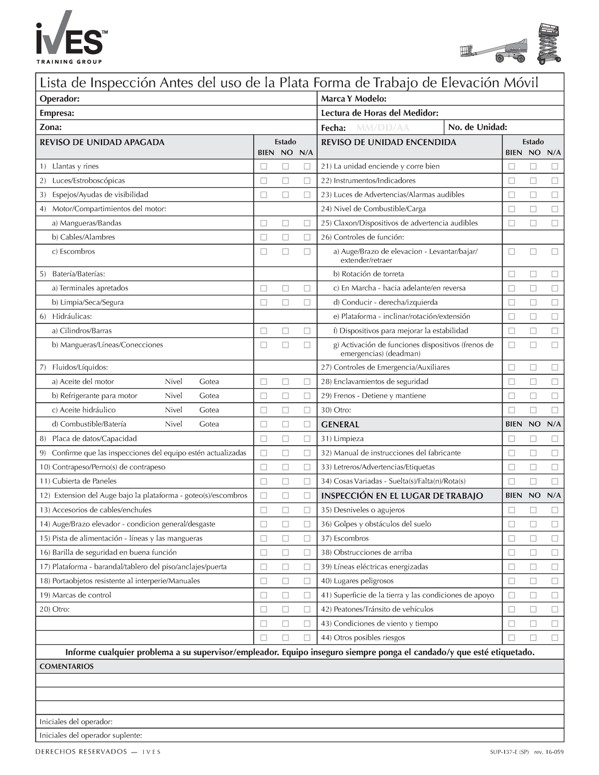 Aerial Lifts Pre Use Inspection Sup 137 E Sp 16 059 Lista De Inspección Antes Del Uso De La 0435