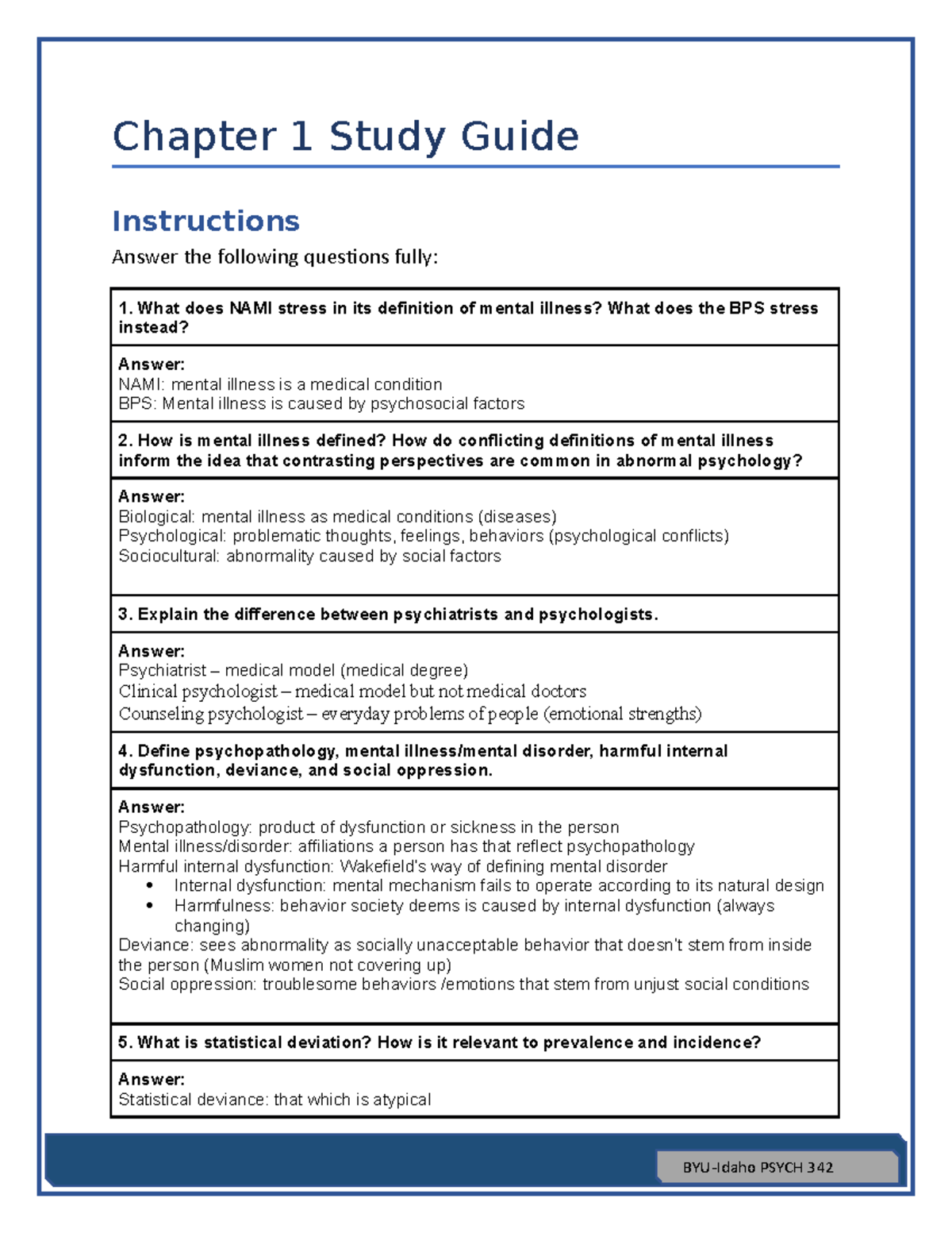 Chapter 1 Study Guide - Chapter 1 Study Guide Instructions Answer The ...