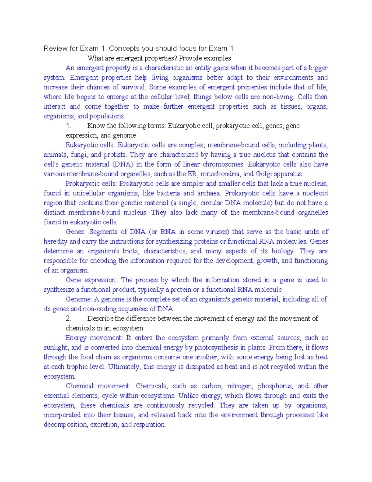 Bio 101 Exam 1 Review - CCNY - Review for Exam 1. Concepts you should ...