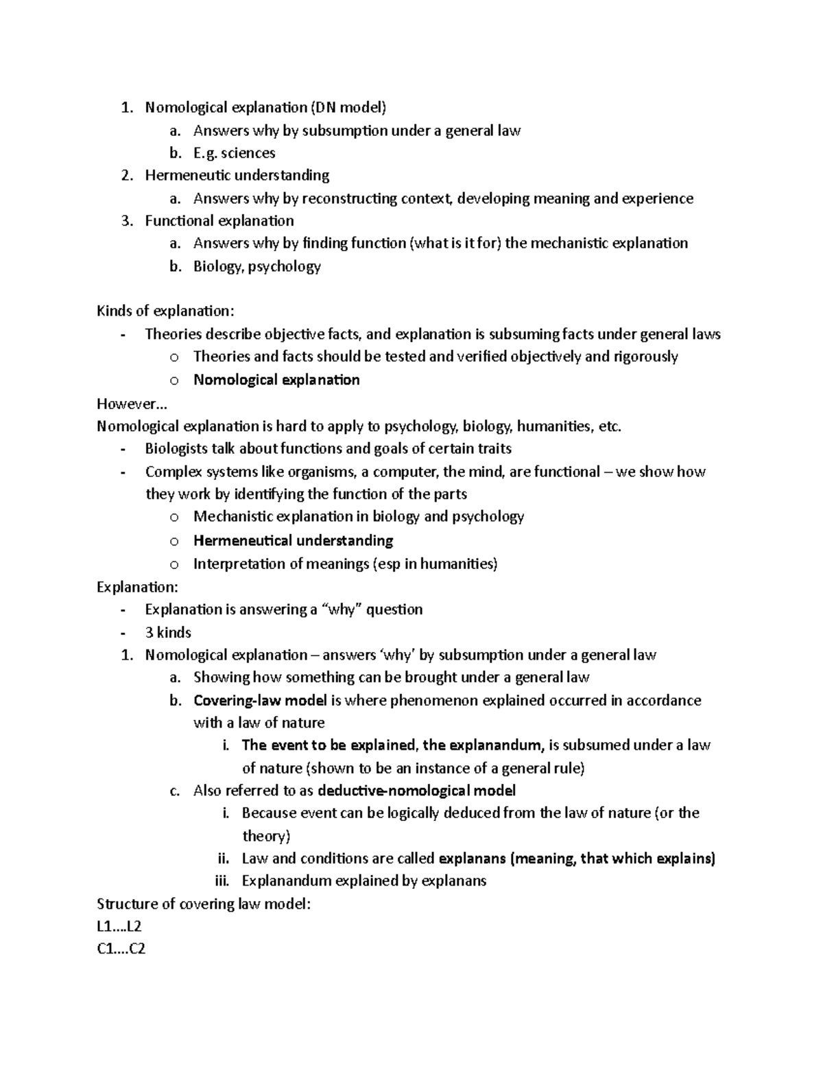 Midterm 1 Notes - Nomological explanation (DN model) a. Answers why by ...